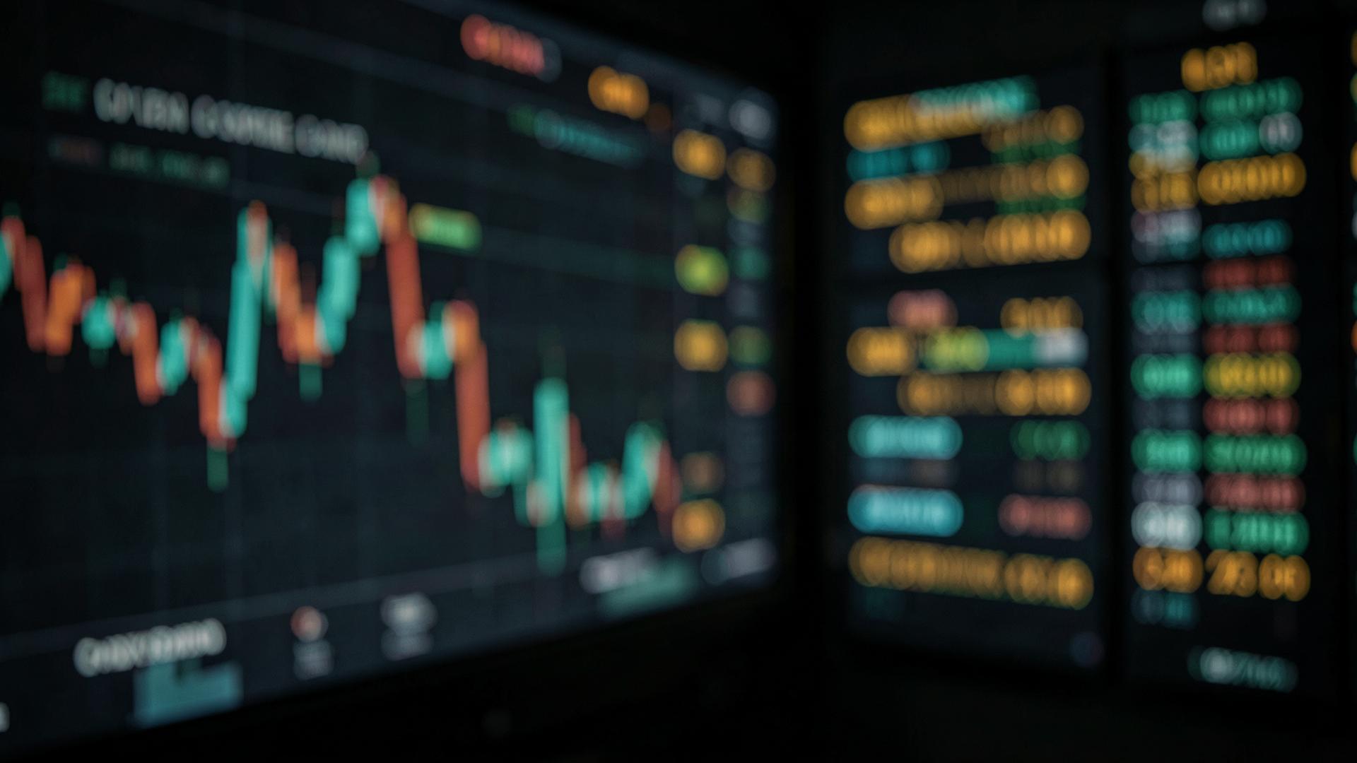 Blurred trading screens in a darkened room.