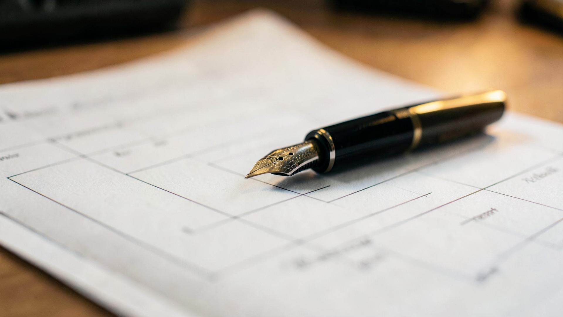 A pen resting on a printed form on a desk.