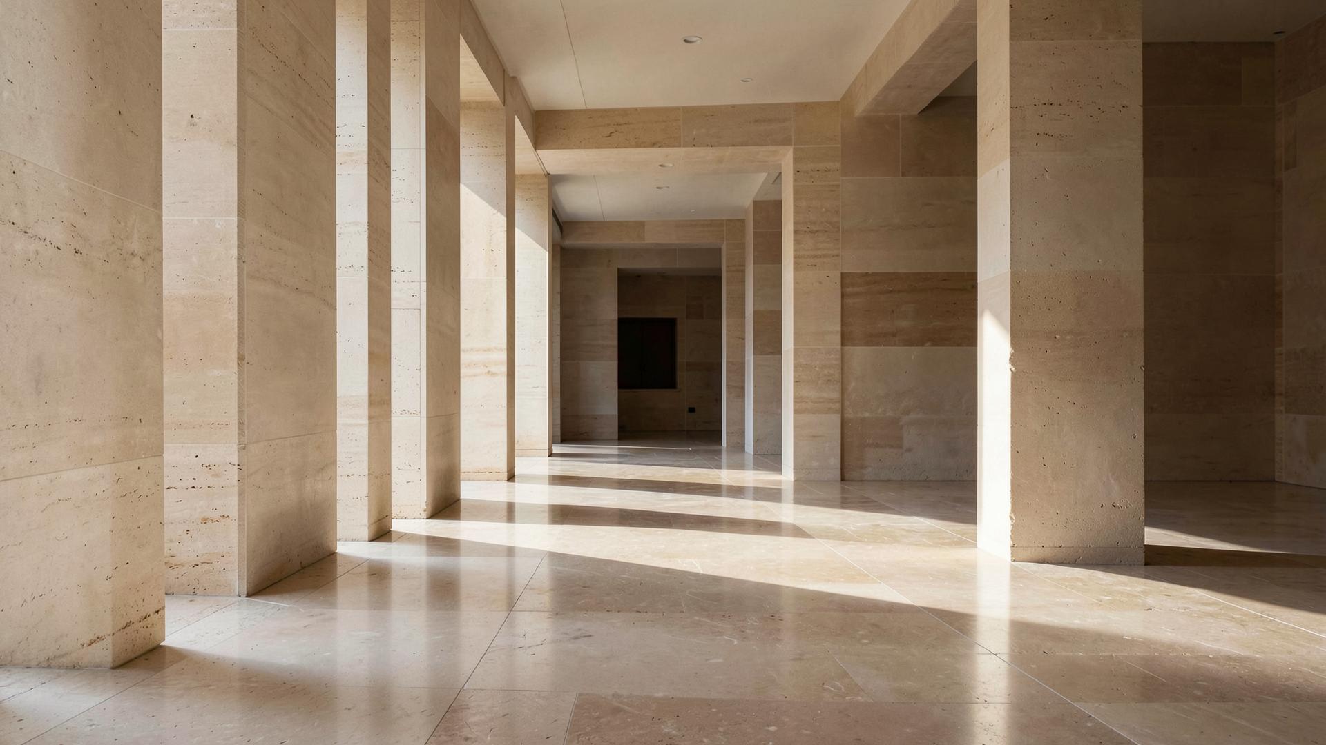 Limestone colonnade receding in even daylight.