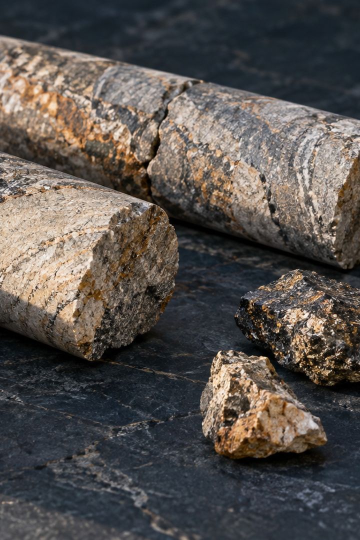 Drill core cylinders and broken rock samples on a dark stone surface.