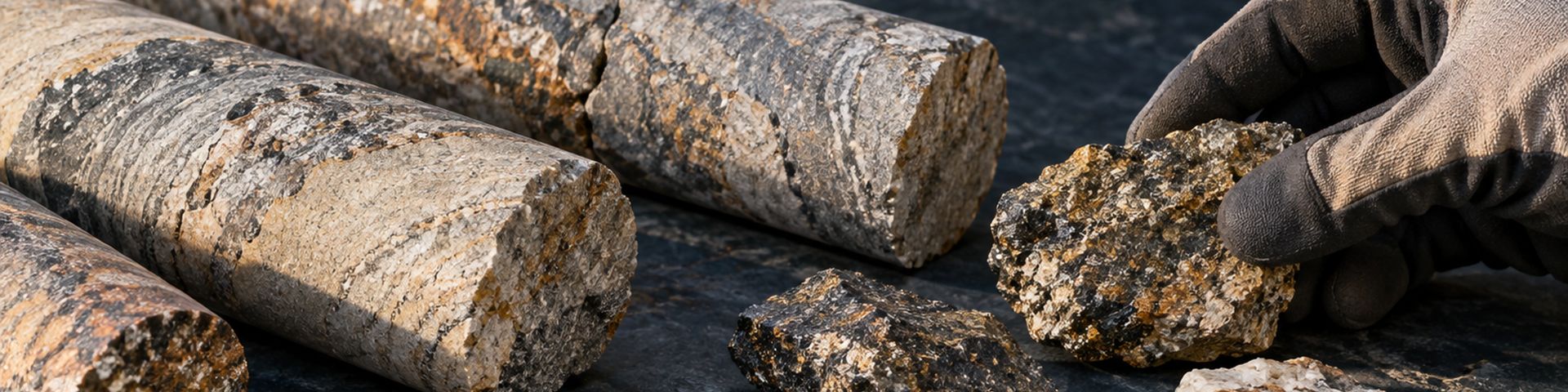 Drill core cylinders and broken rock samples on a dark stone surface.