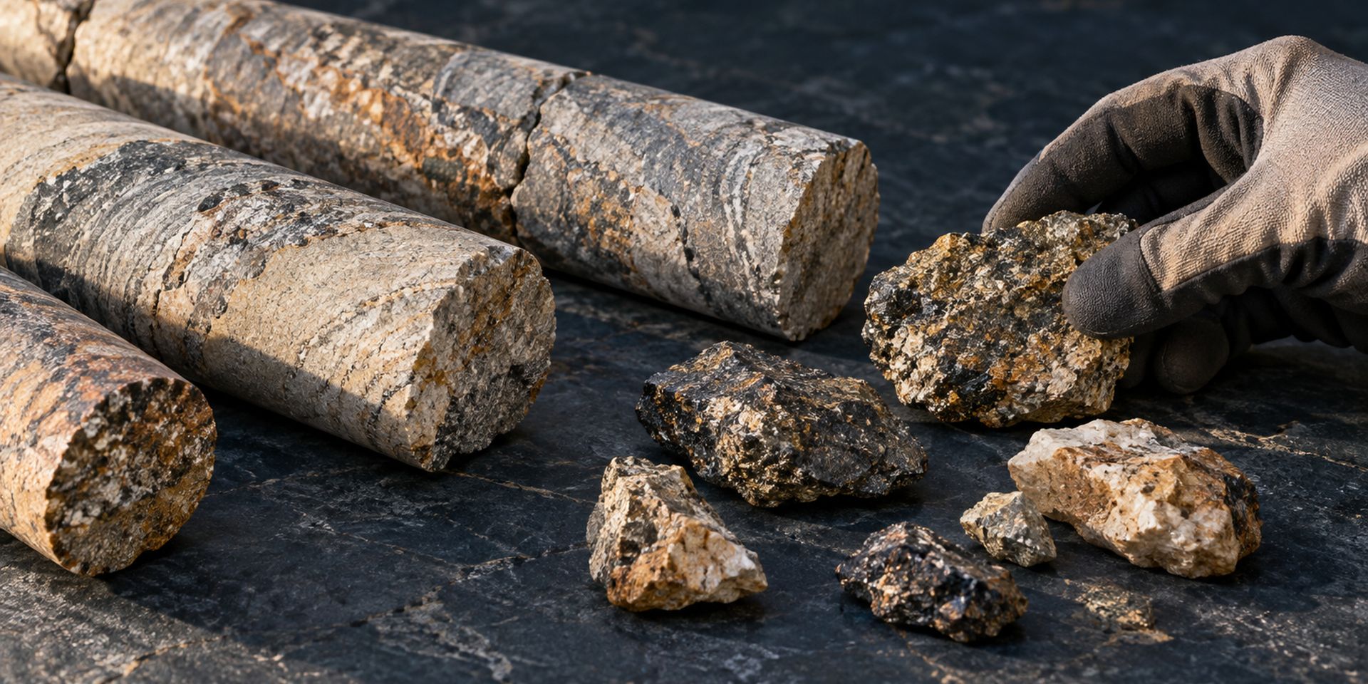 Drill core cylinders and broken rock samples on a dark stone surface, one sample in a gloved hand.