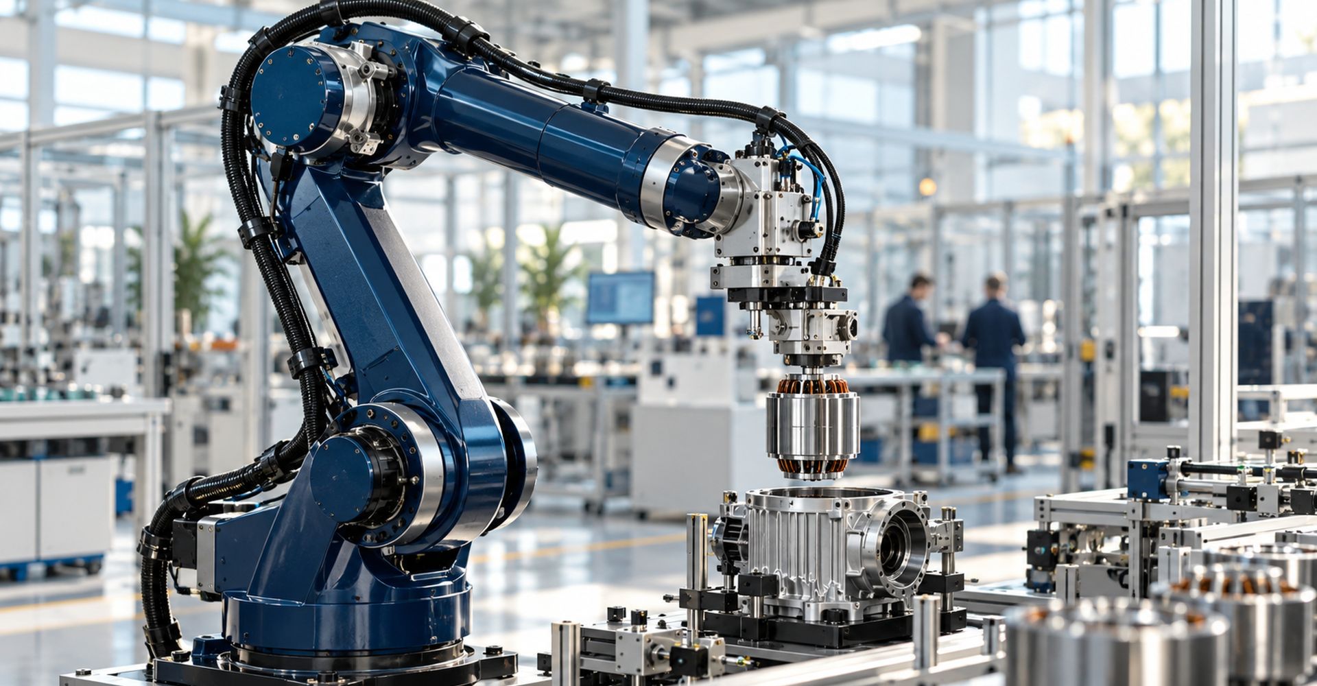 Illustrative robotic arm lowering an electric motor stator into its housing on an assembly line.
