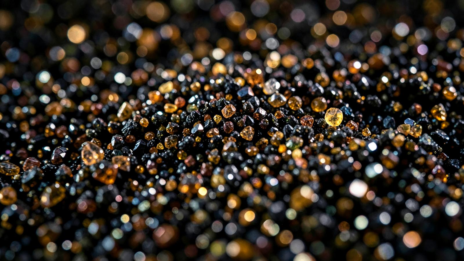 Macro view of dark and translucent heavy mineral sand grains.