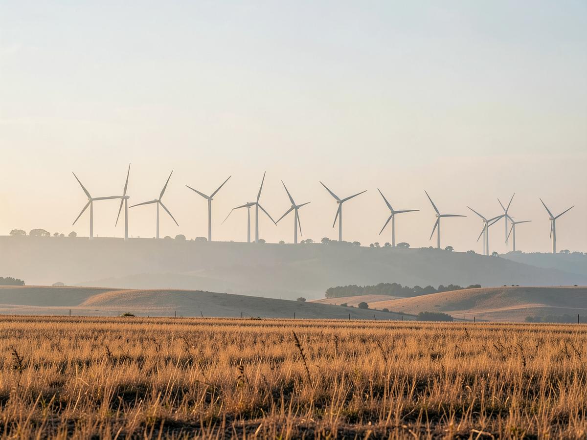 Wind turbines on a ridge line in afternoon haze.