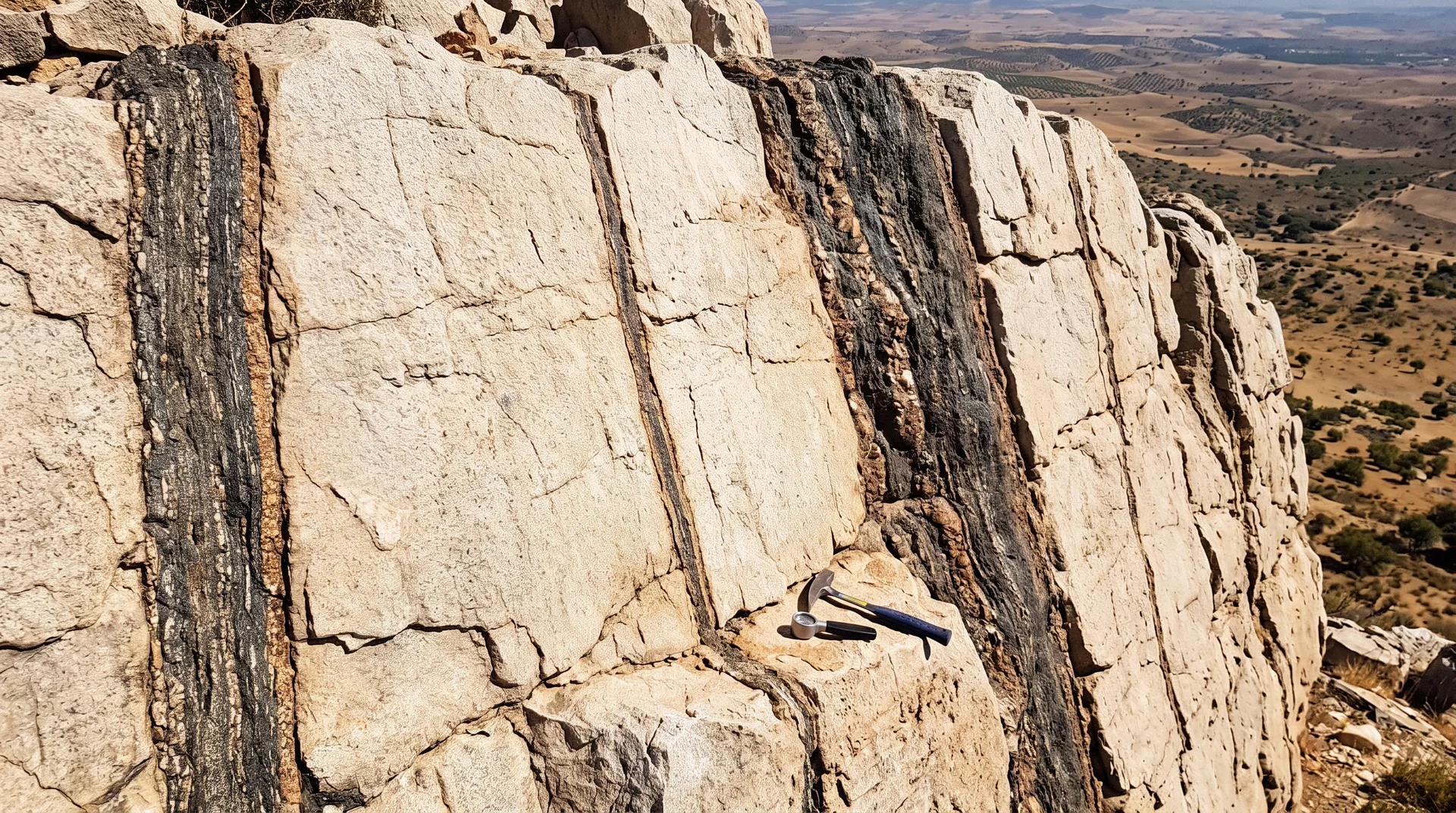 A pale rock face crossed by dark vertical bands, with a geological hammer and hand lens resting on a ledge below them.