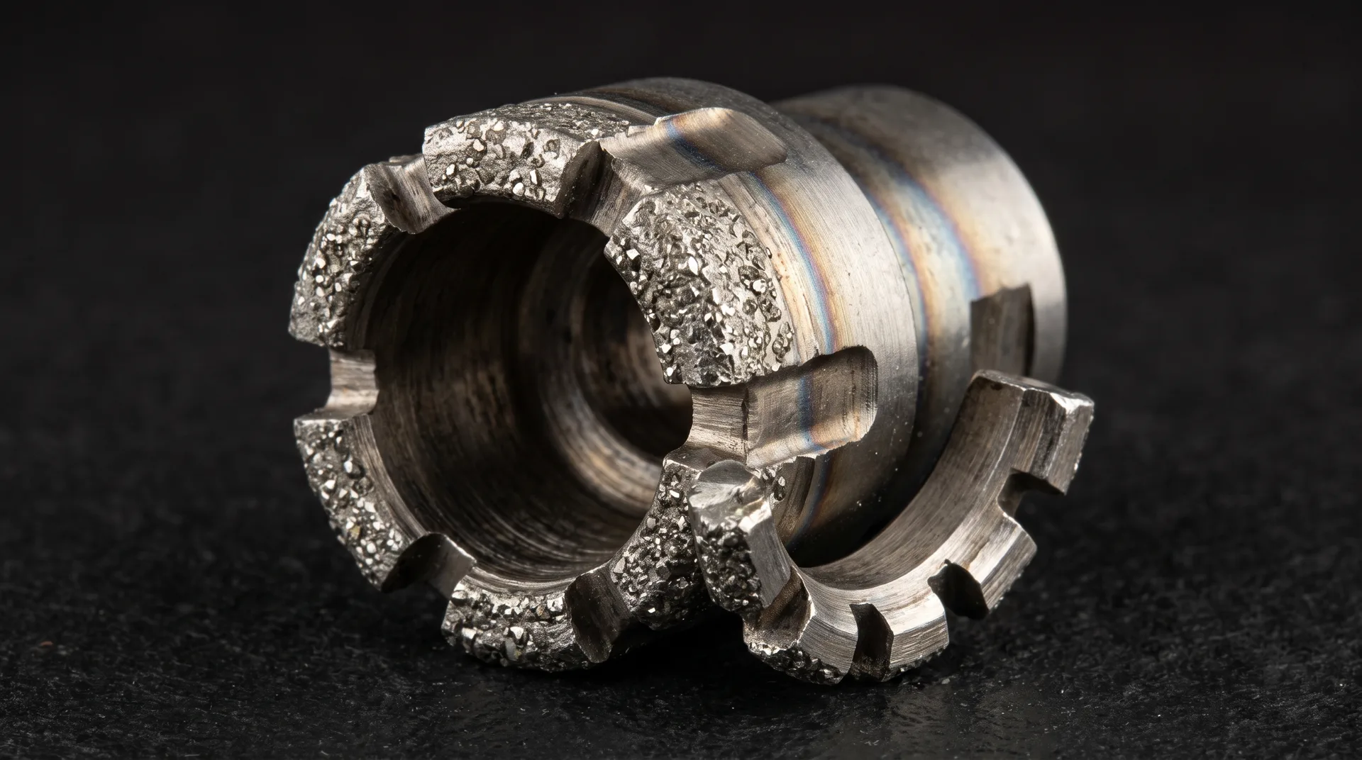 A short cylindrical drill bit on a dark surface, its cutting crown studded with coarse metallic grit and its steel body heat-tinted.