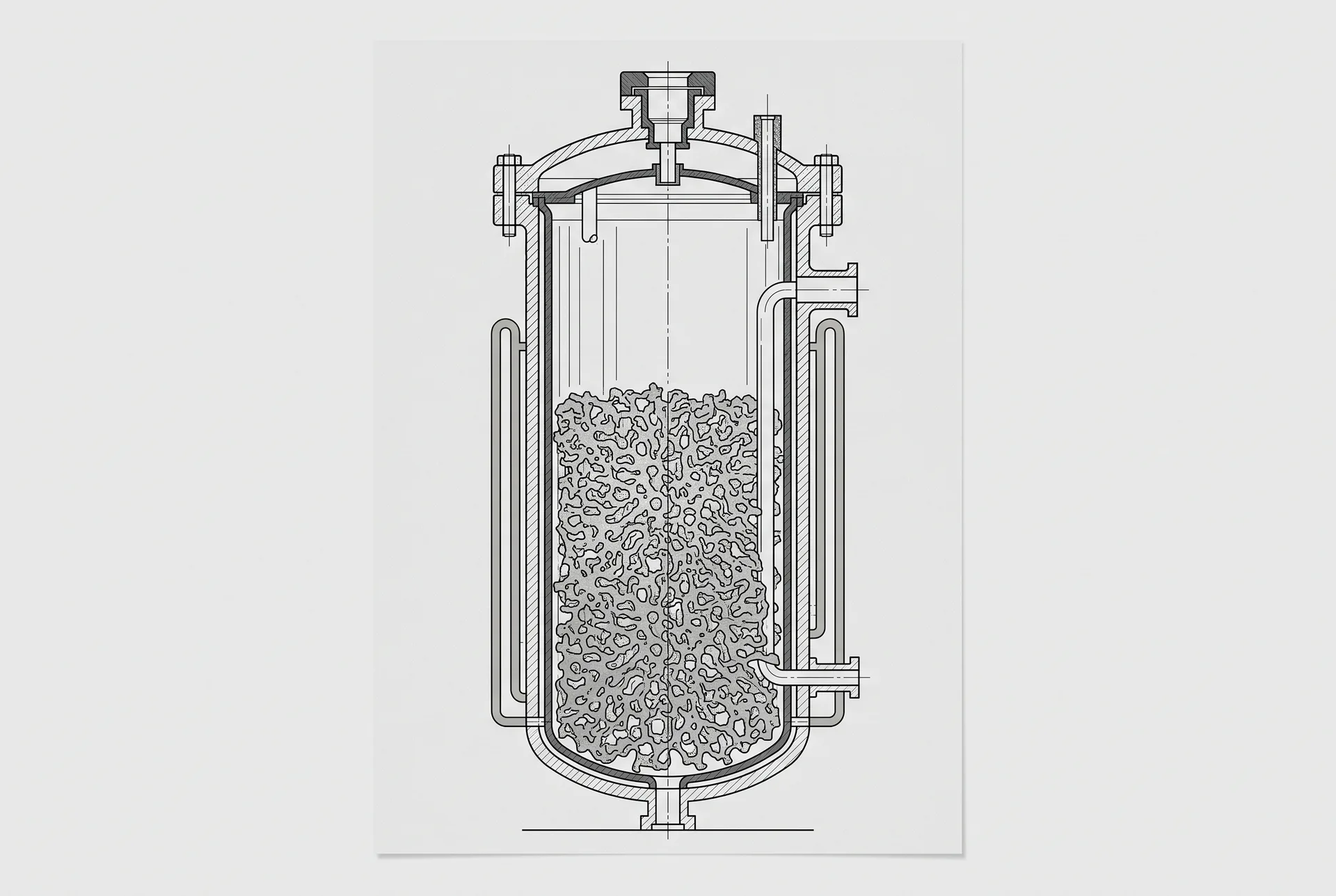 A precise cutaway drawing of a flanged cylindrical vessel, its lower half filled with a porous, sponge-like mass.