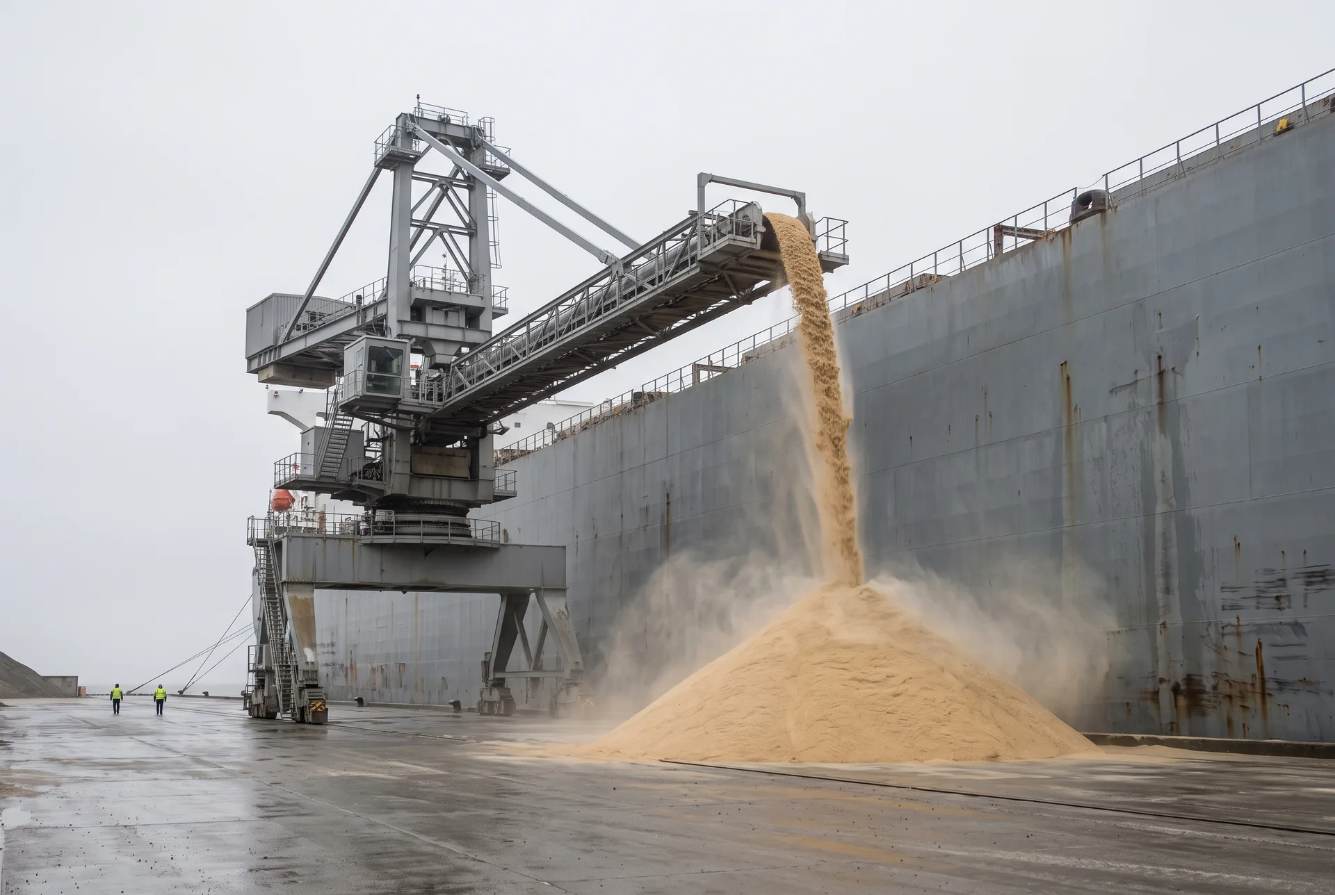 A quayside ship unloader pouring a stream of pale granular material into a large conical heap beside the flat hull of a bulk carrier.