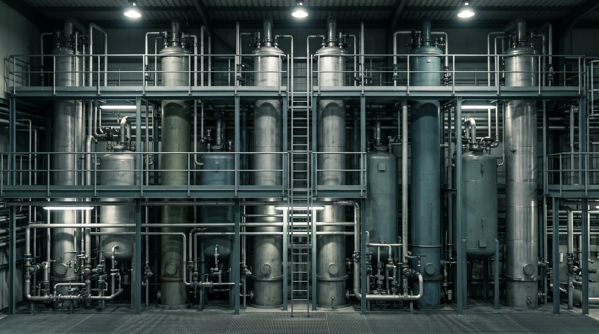 A tall industrial hall of stainless vessels and dense pipework, linked by walkways and a central ladder.