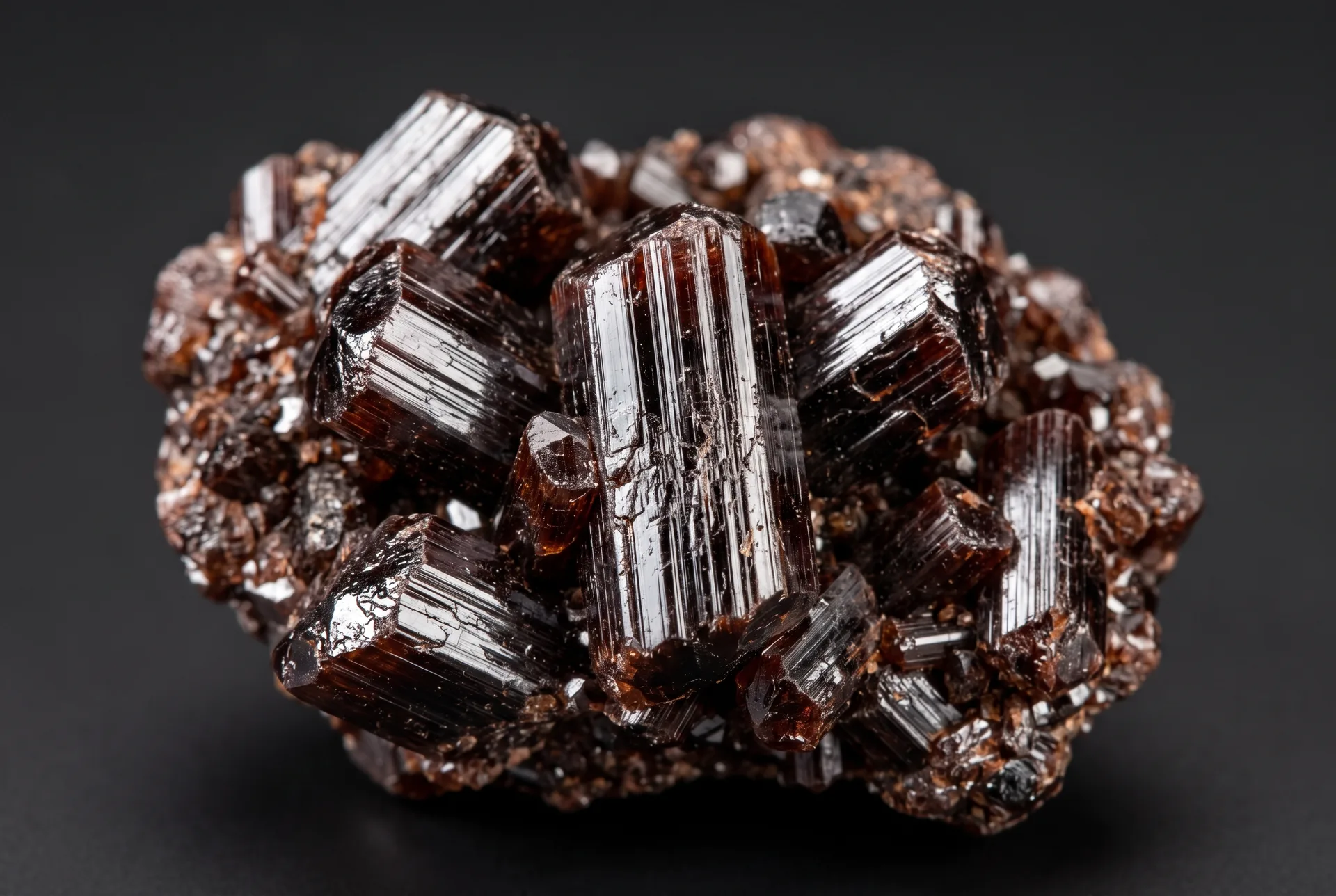 A cluster of stubby reddish-brown prismatic crystals with striated faces and a bright resinous sheen, on a dark ground.