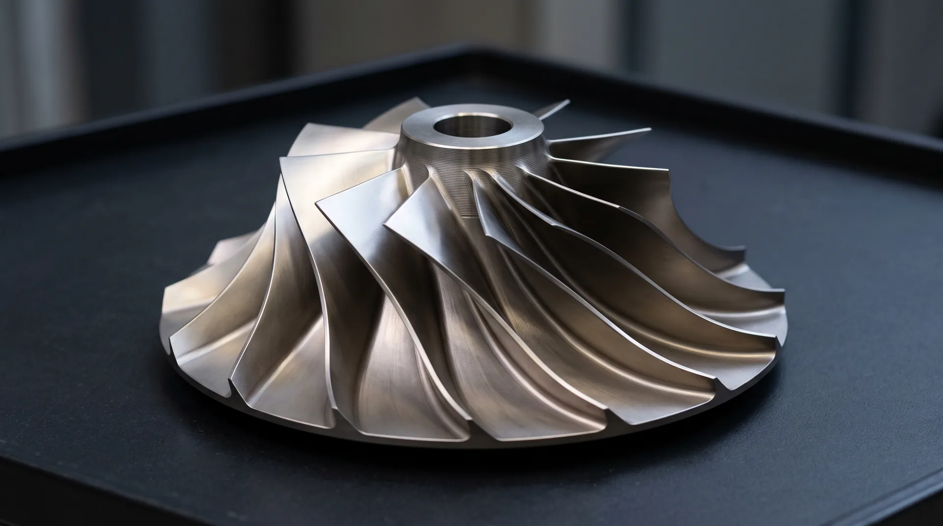 A machined metal impeller with curved blades cut integrally from a single disc, lit from one side on a dark tray.