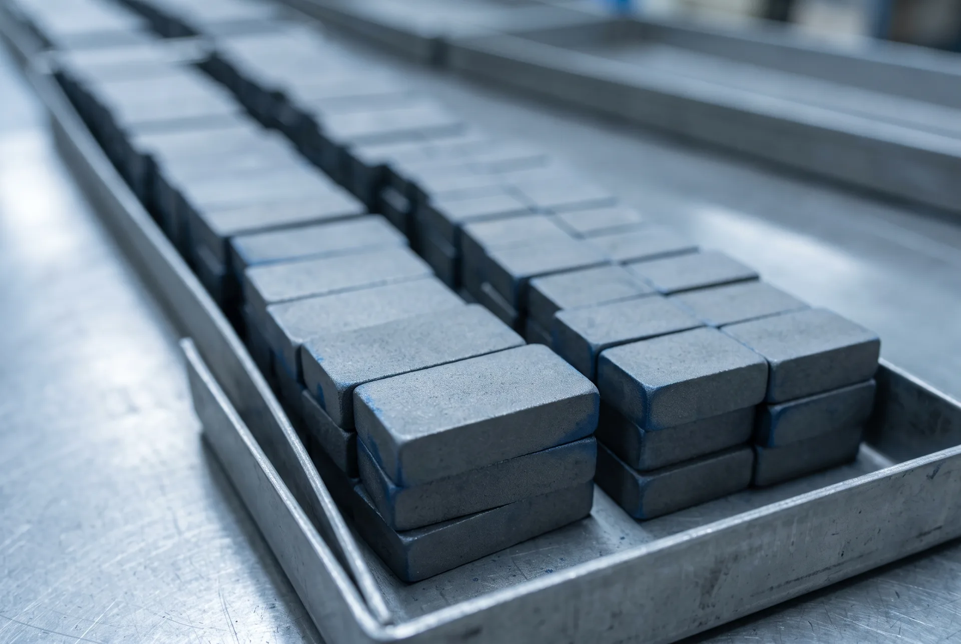 Rows of rectangular dark grey metal blocks stacked in a shallow steel tray on a workbench, receding out of focus.