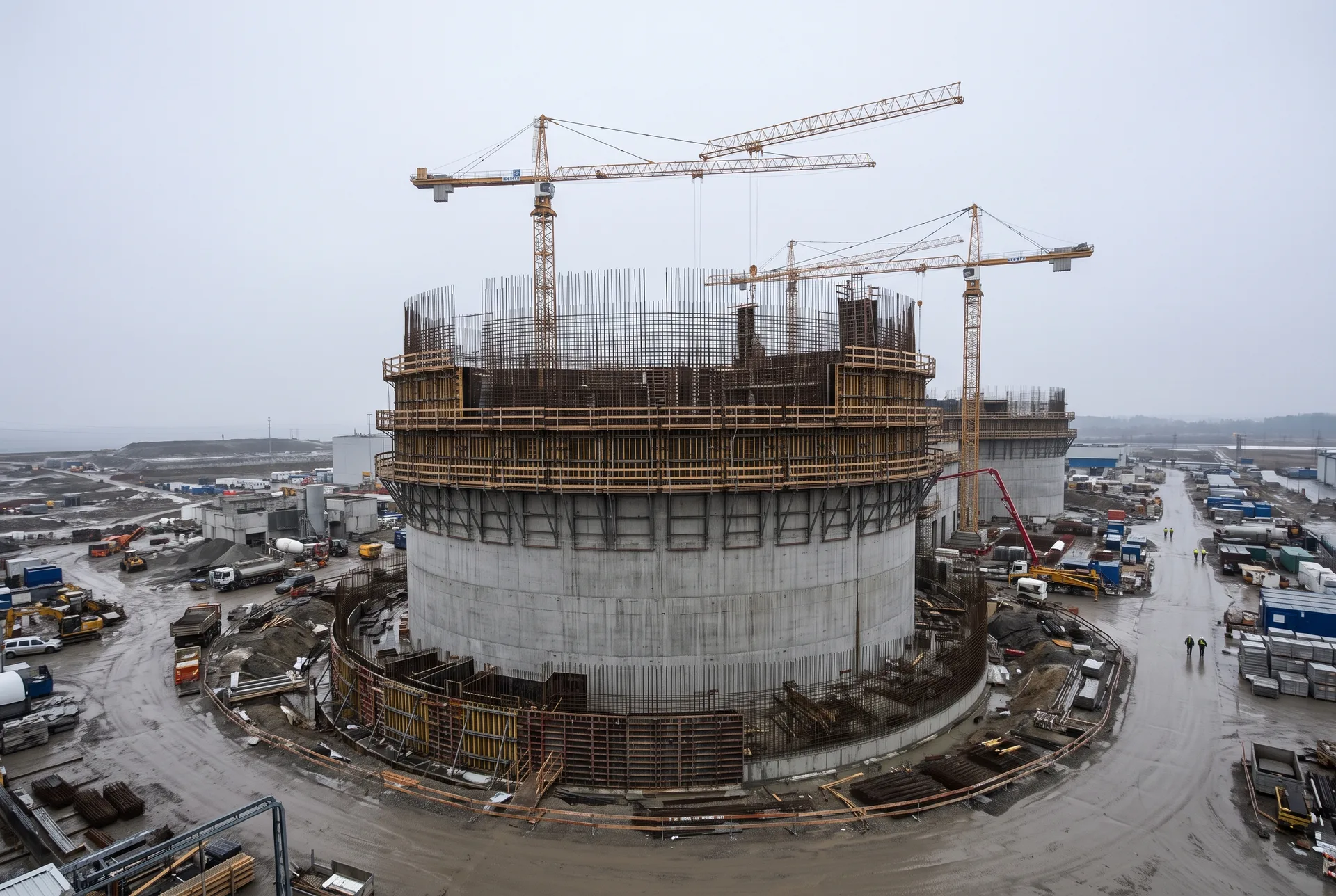 A large circular concrete structure under construction, ringed by scaffolding and projecting reinforcement bars, with tower cranes above and a working site around it.