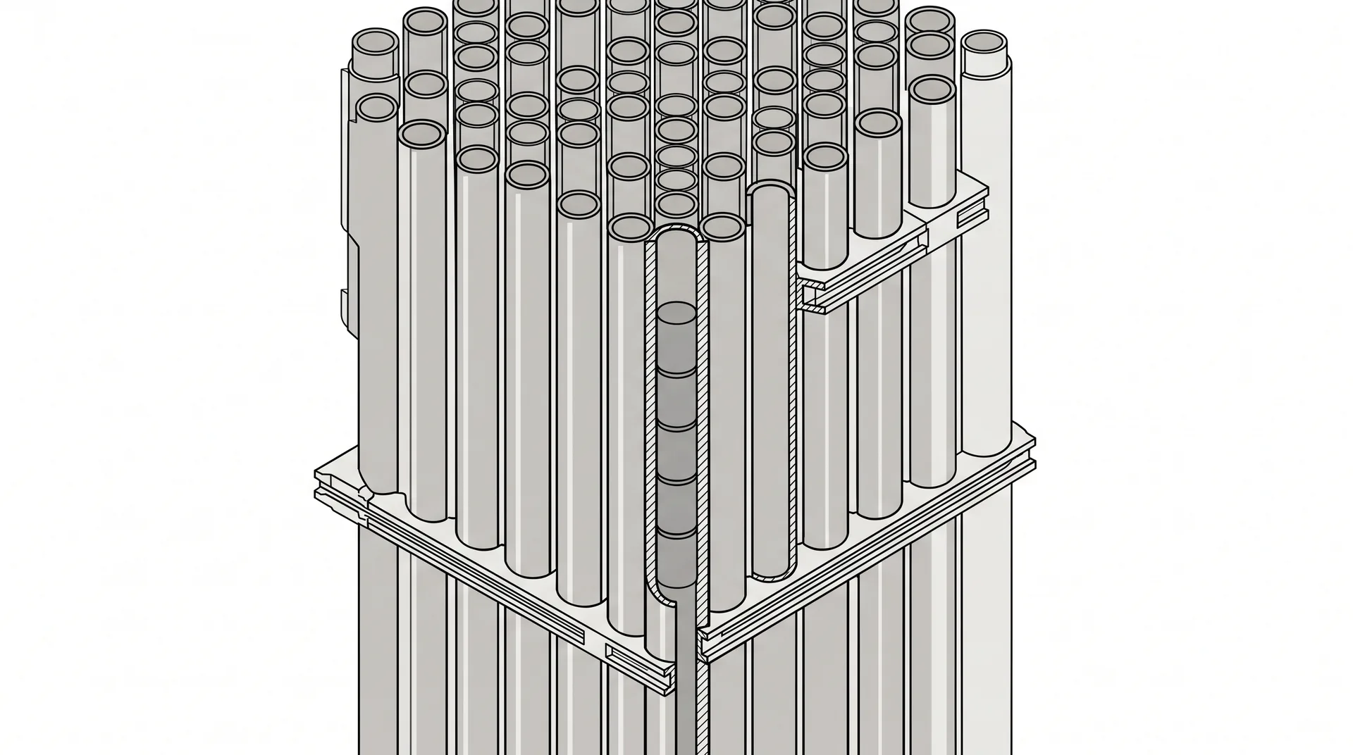 A precise line drawing of a tall bundle of slender parallel tubes held in place by spacer grids, one tube cut away to show its interior.