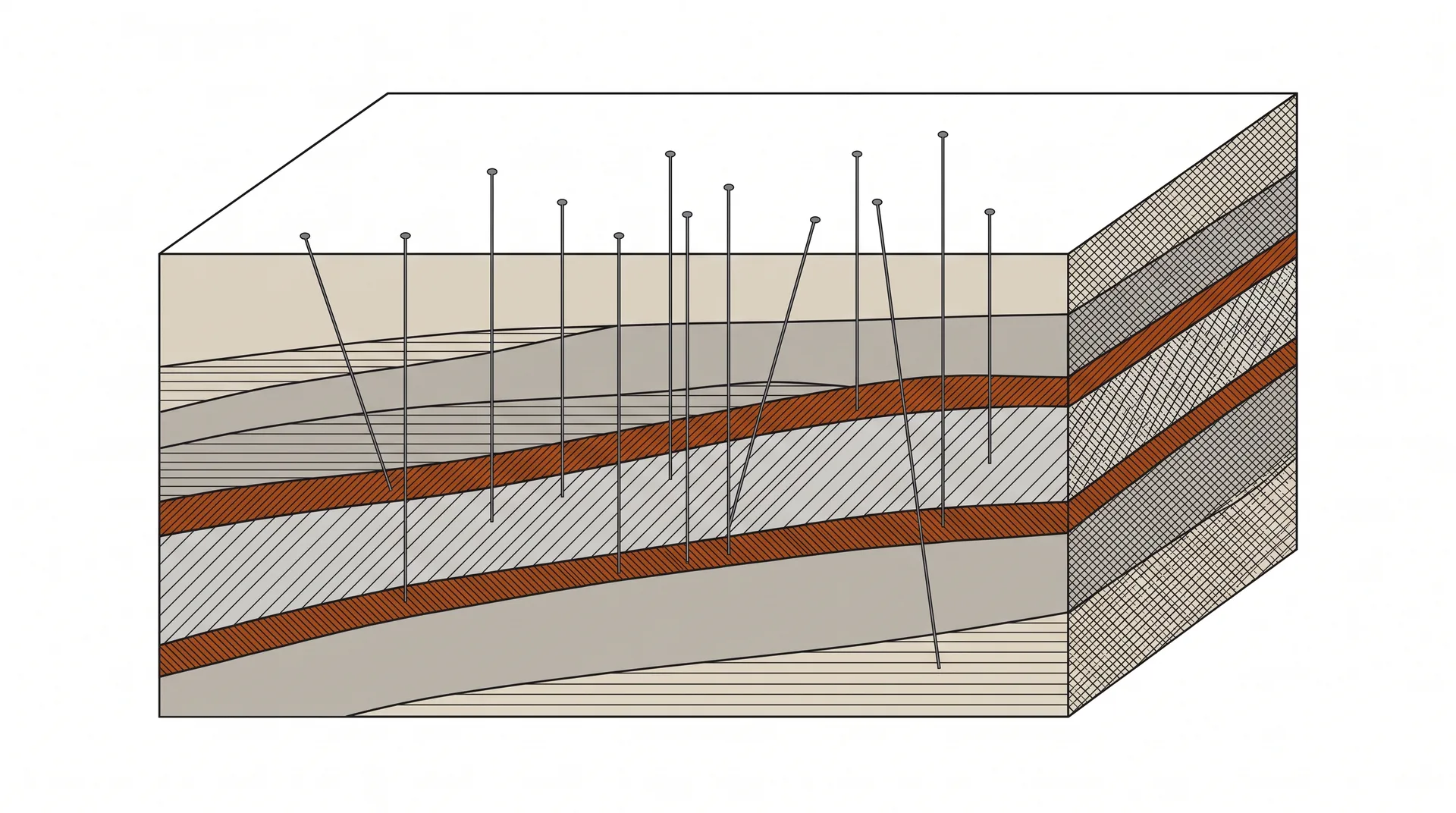 A cutaway block of ground drawn in section, its layered bands crossed by slender vertical and angled lines running down from the surface.