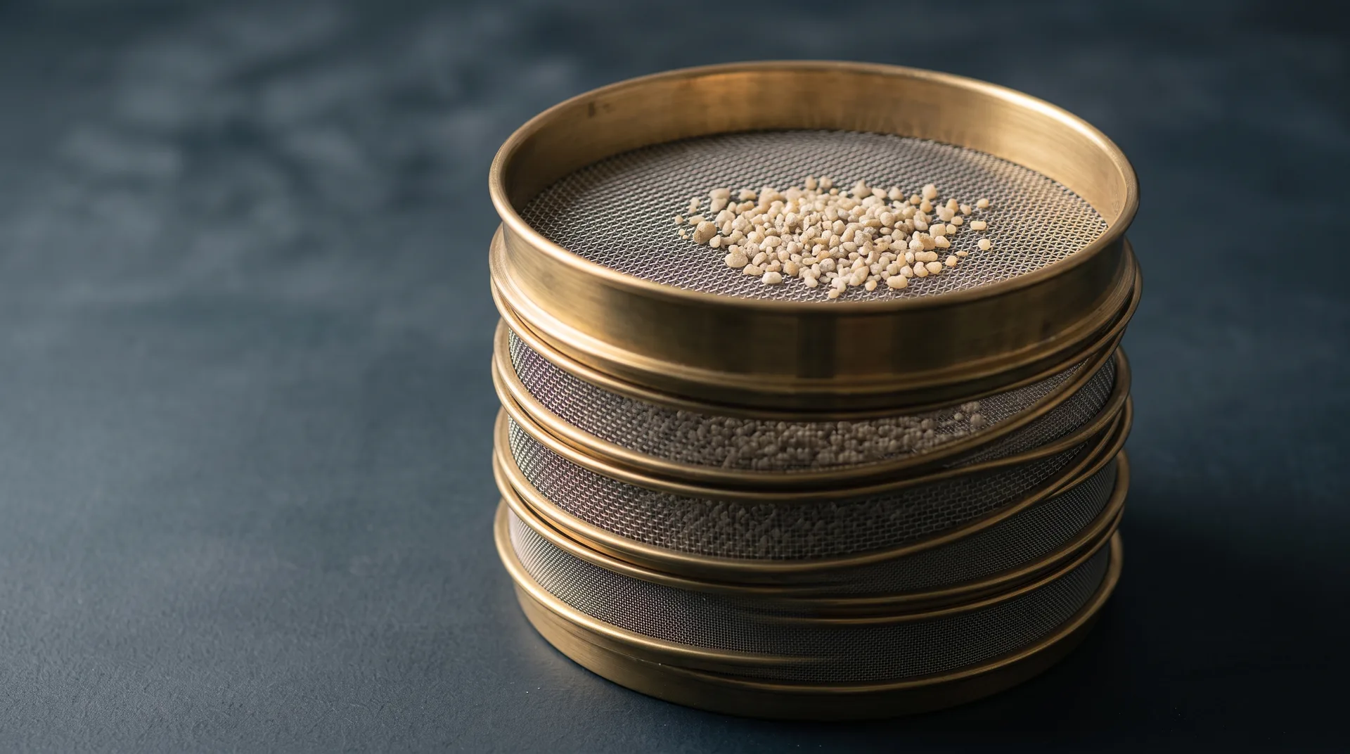 A stack of brass laboratory test sieves, the topmost holding a scatter of pale granules on its fine mesh.