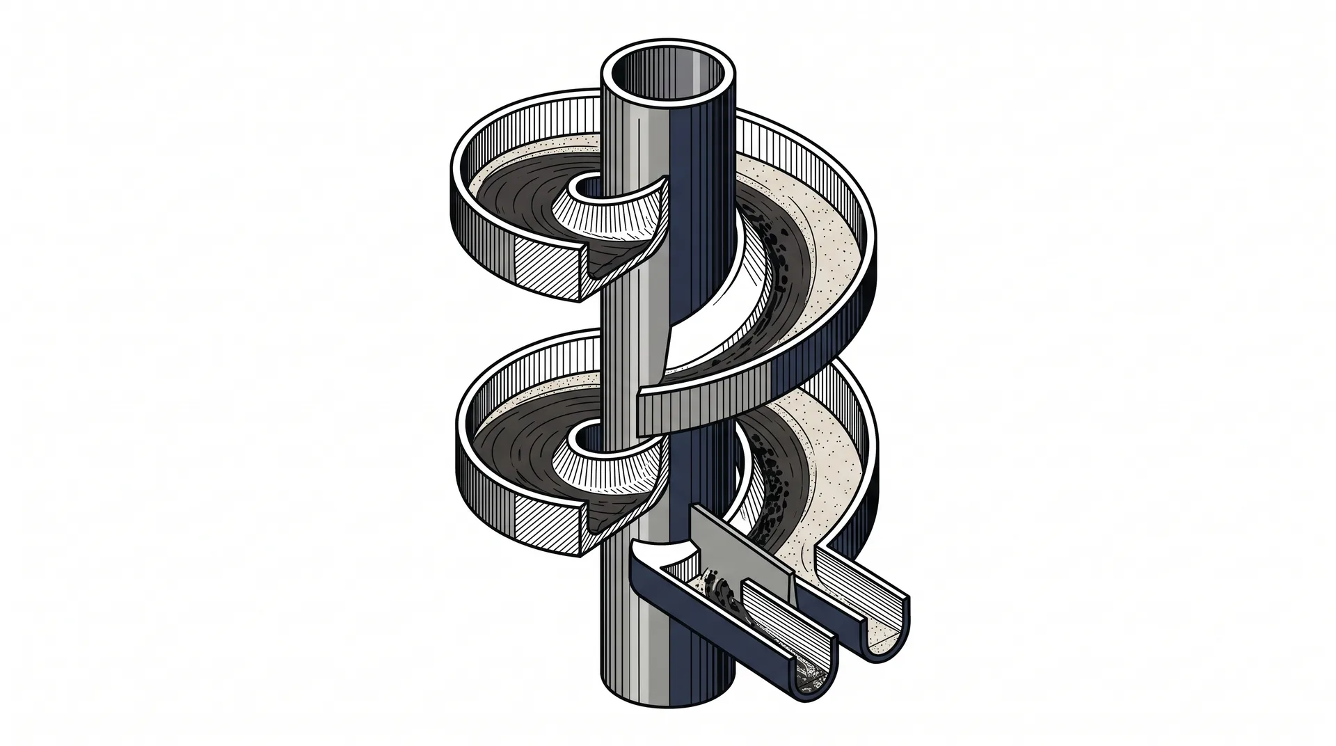 An isometric drawing of a helix winding around a central column, cut away to show banded material travelling down the channel.