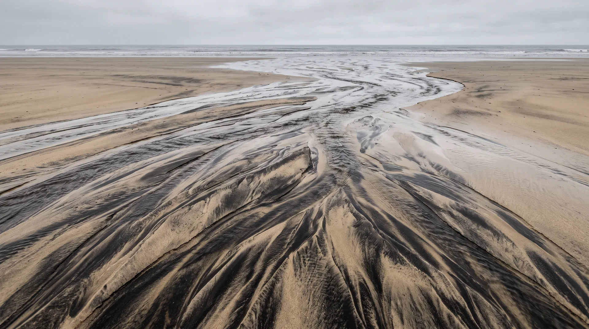 A wide beach at low tide, dark streaks of heavy sand fanning in braided lines across pale flats toward a grey sea.