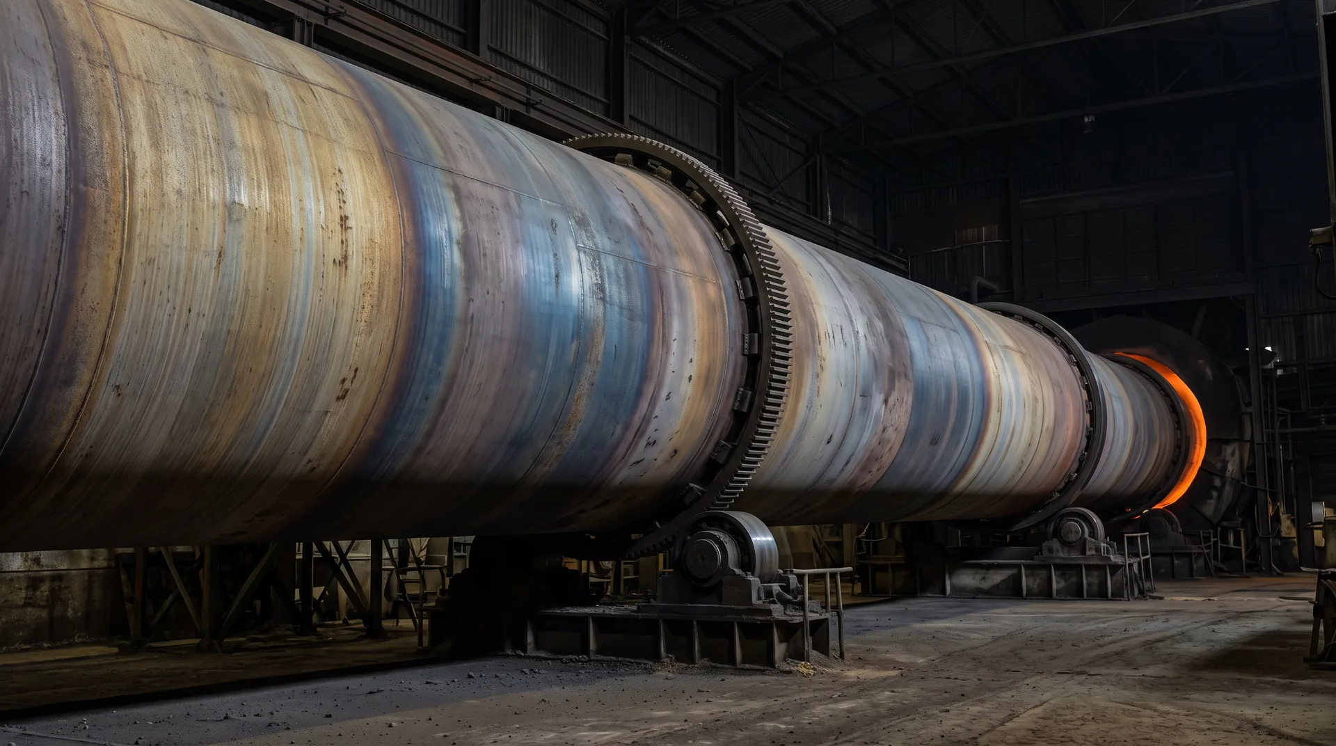 A large inclined rotary kiln in a dark industrial hall, its heat-tinted steel shell running away to a glowing discharge end.