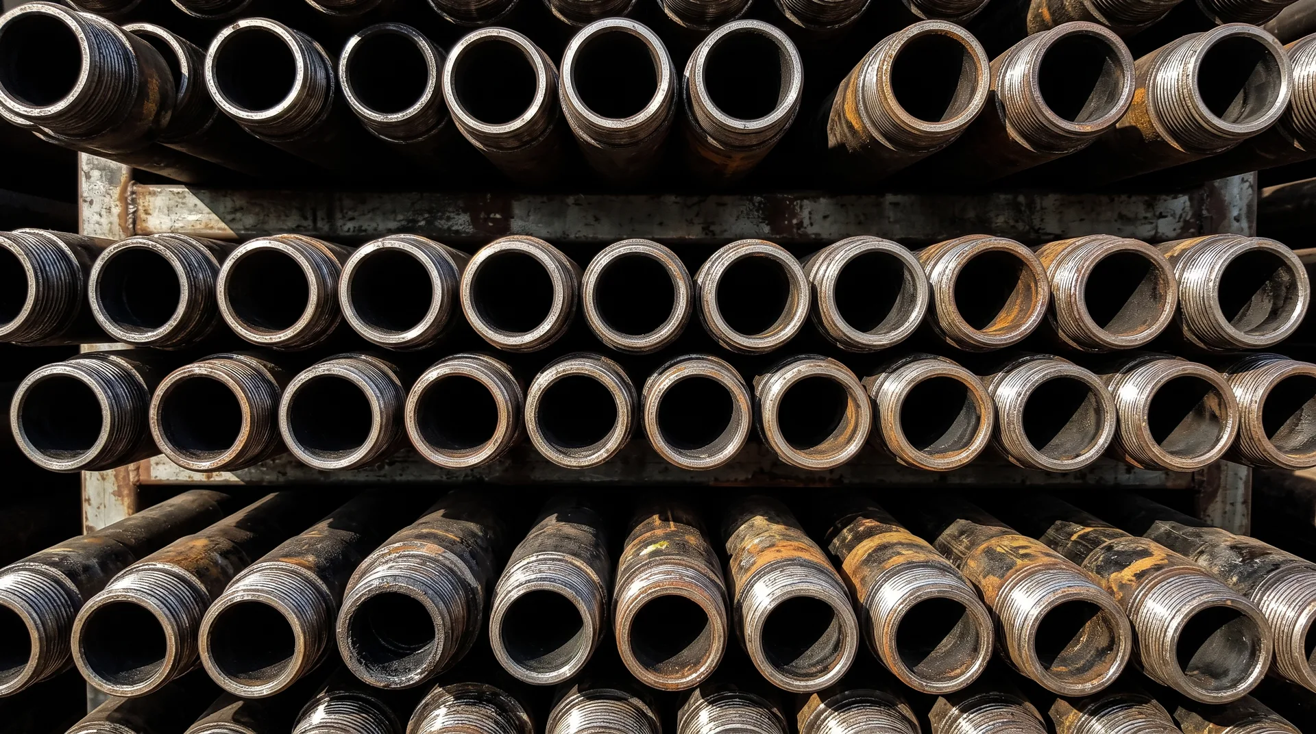 Racked steel drill rods stacked in rows and seen end-on, their threaded collars catching light against dark bores.