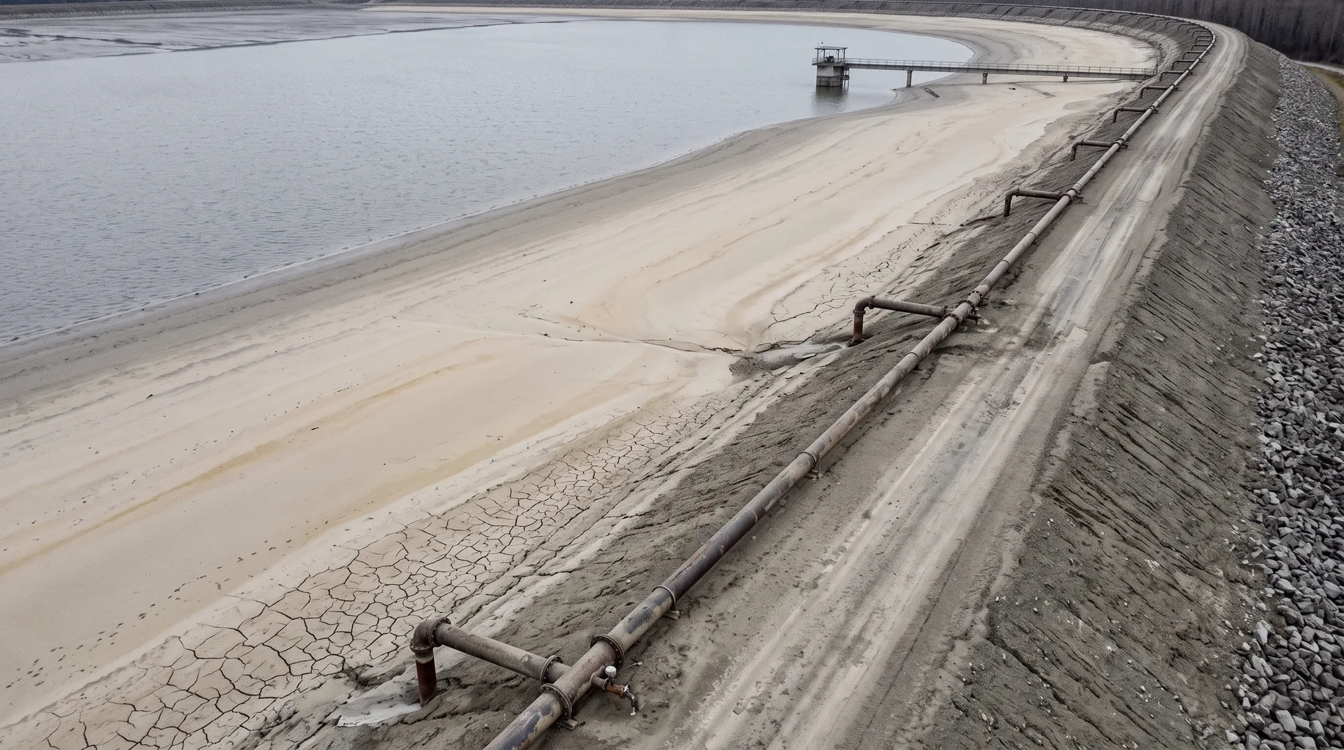 A wide tailings impoundment seen from its embankment, pale deposited solids sloping toward a still pond of grey water at the far end.