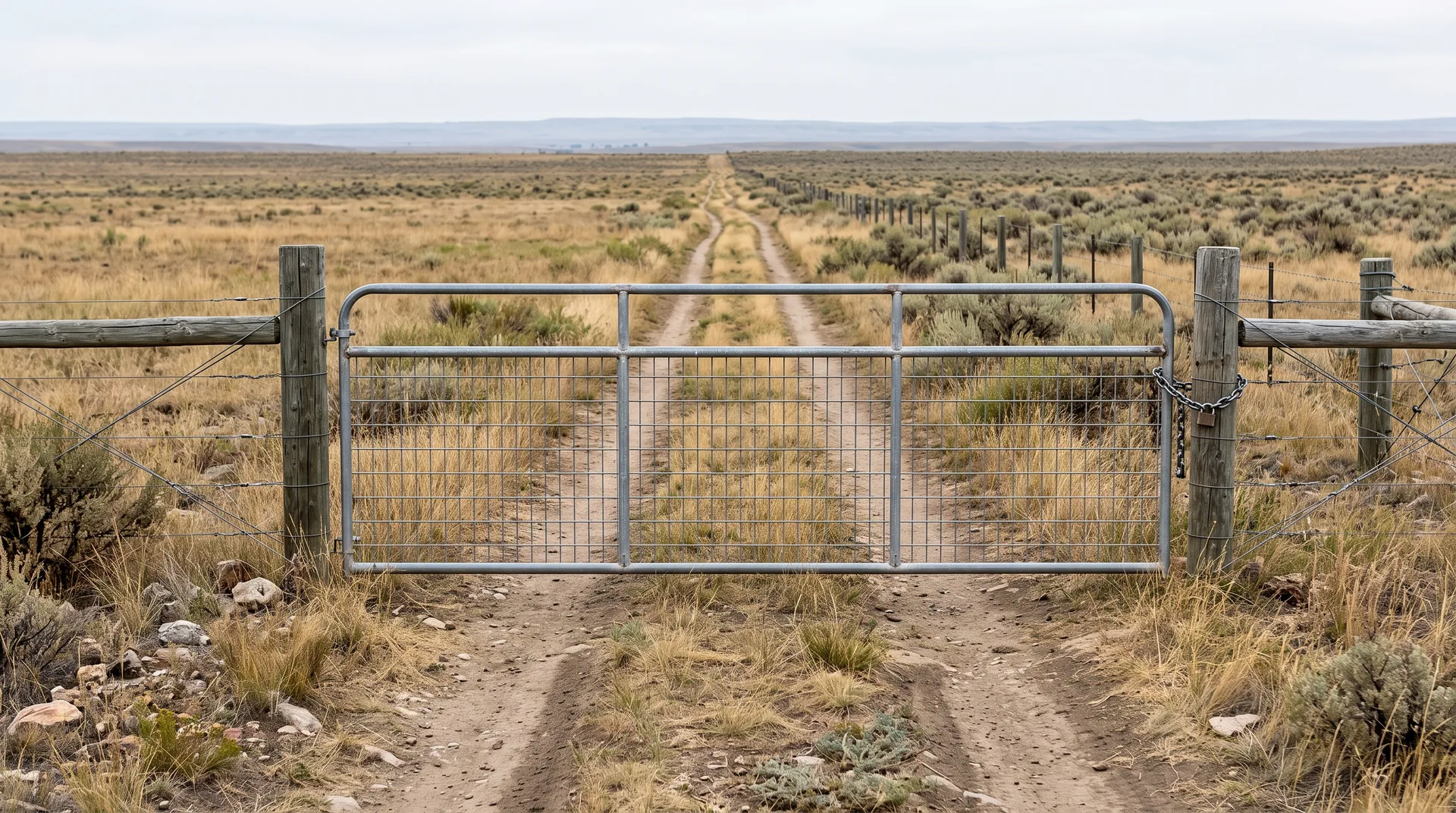 A closed galvanised gate chained shut in a wire fence, standing across a dirt track that runs on into flat open country beyond.