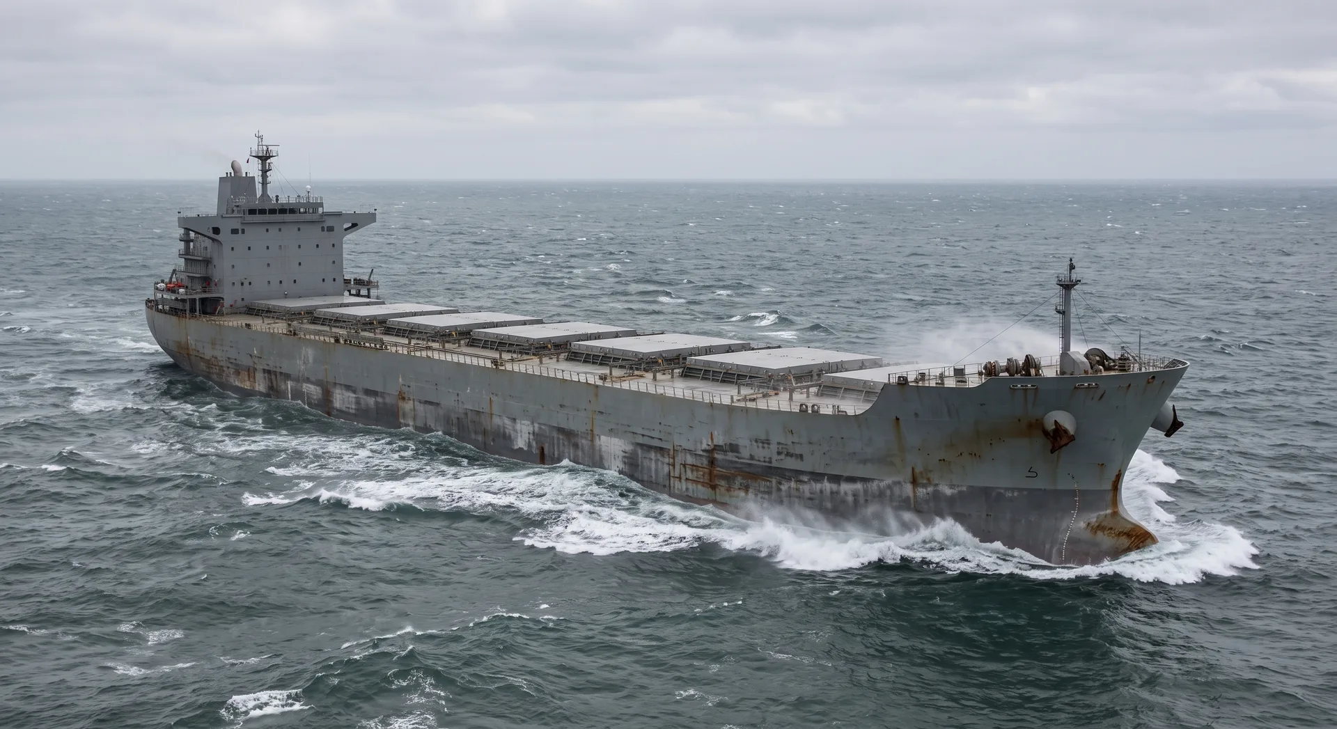 A laden bulk carrier under way in a heavy grey swell, hatch covers closed along its deck and spray breaking back from the bow.