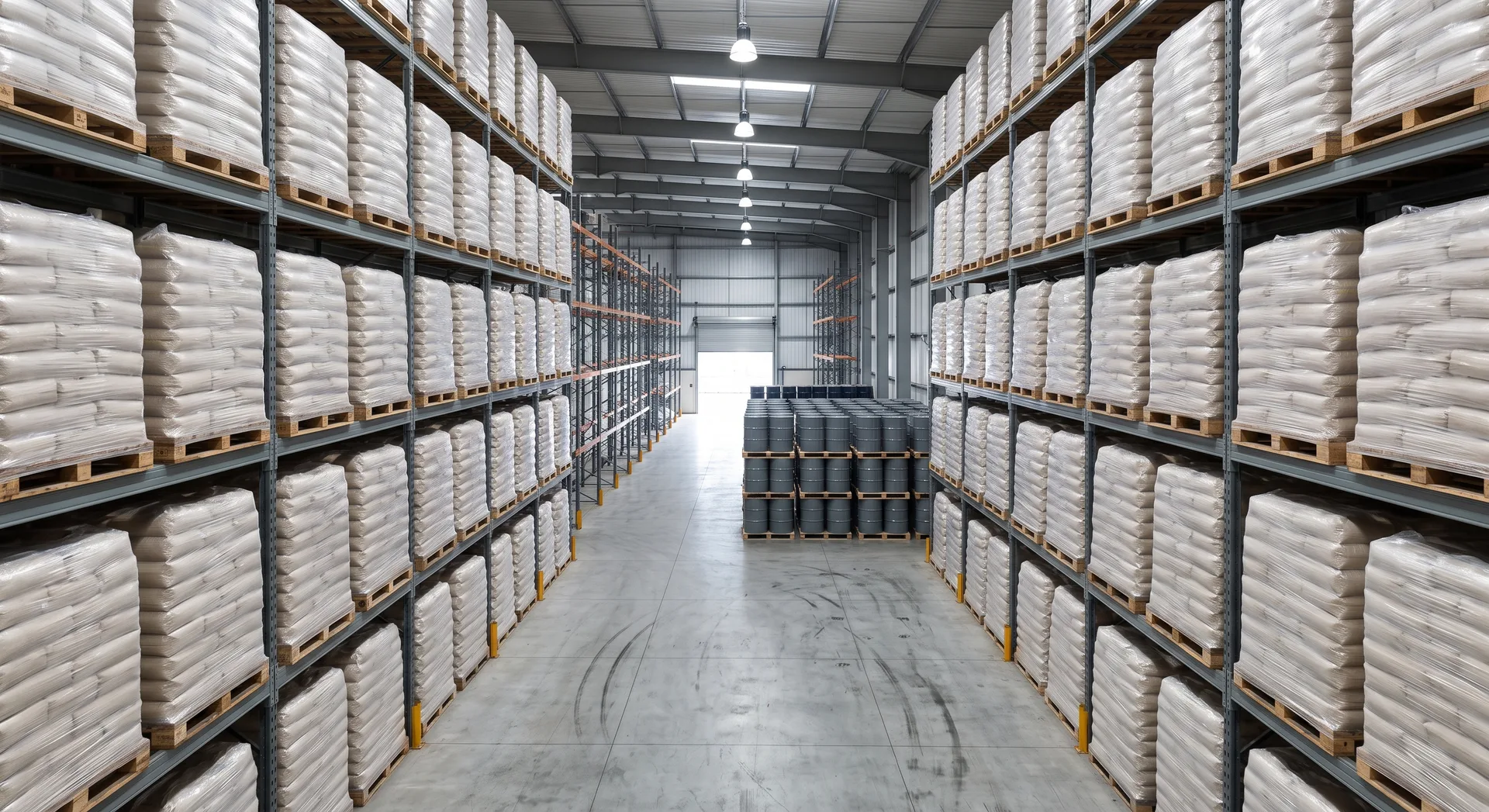 An aisle in a storage warehouse with tall racking stacked with pallets of pale sealed sacks, drums standing in rows on the floor beyond.