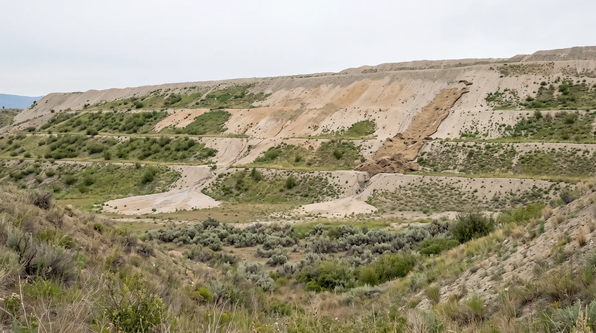 A graded slope planted with young shrubs and grasses that have taken in patches, with bare pale ground showing through and shallow erosion rills cut down the face.