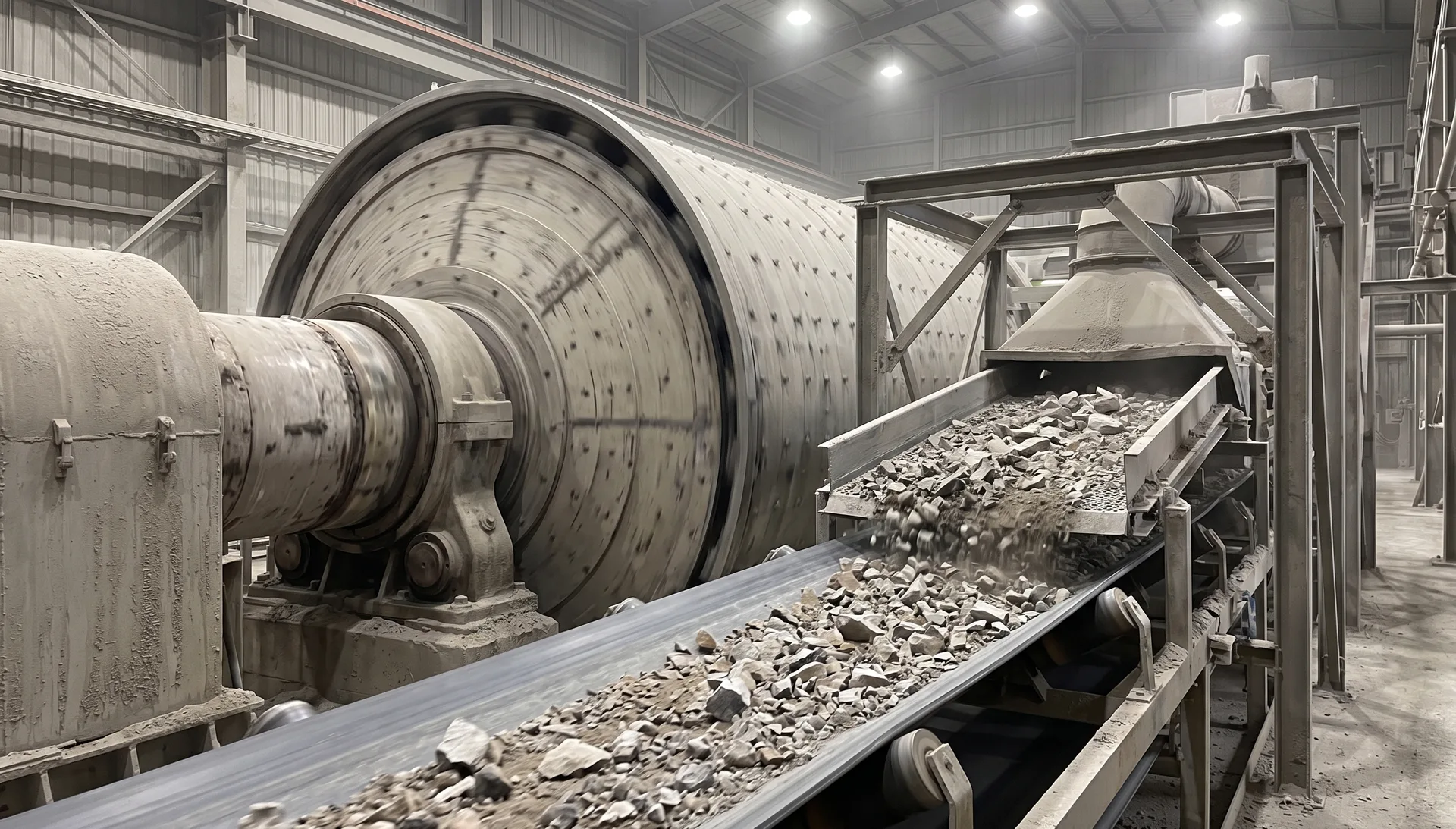 A large rotating mill drum discharging coarse crushed rock through a screen onto a conveyor, dust hanging in the air around the frame.