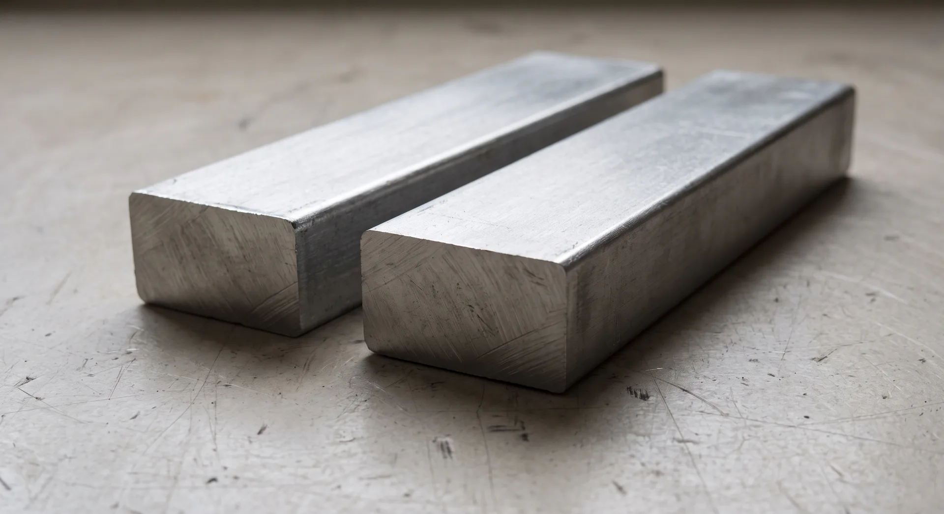 Two identical dull silver-grey metal bars lying side by side on a scuffed bench, matching in size, finish and machining marks.
