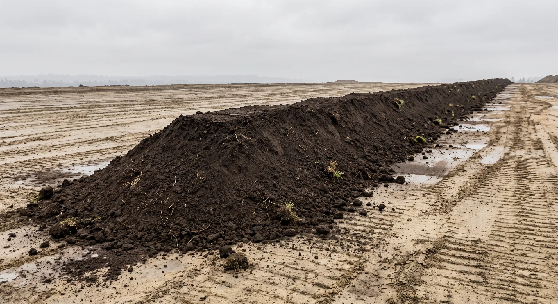 A long low ridge of dark brown topsoil running across pale scraped ground, tufts of grass still showing on its crest and machine tracks alongside.