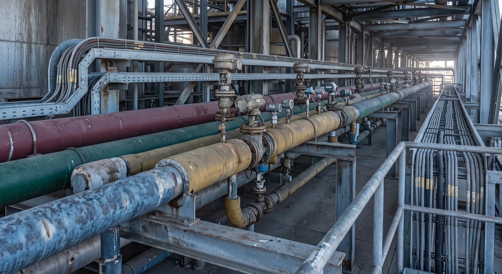 Four large parallel process lines on steel supports, each in different coloured lagging, with control valves and sensors set into them at intervals.
