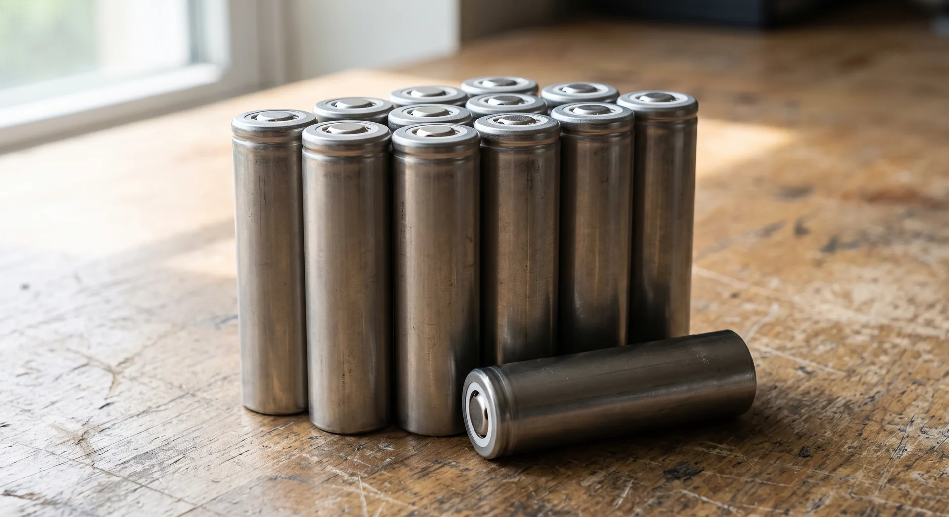 Eight bare cylindrical battery cells standing upright in a loose double row on a scuffed bench, one lying on its side in front.