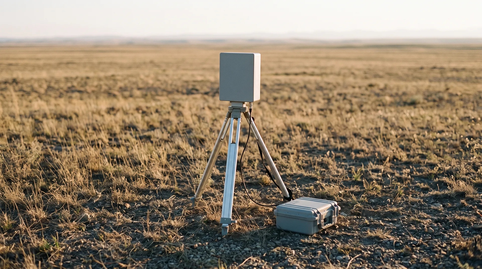 A plain grey detector housing mounted on an aluminium tripod in dry sparse grass, a cable running to a small closed case beside one leg.