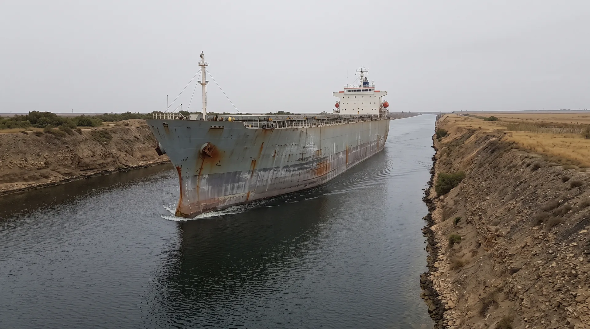 A long cargo vessel moving slowly along a narrow canal between close earth banks barely wider than the ship, dark still water around it.