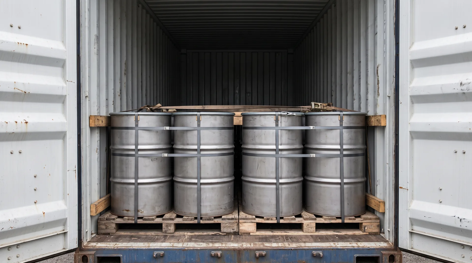 Plain steel drums standing banded and strapped on pallets inside an open shipping container, braced with timber dunnage against the walls.