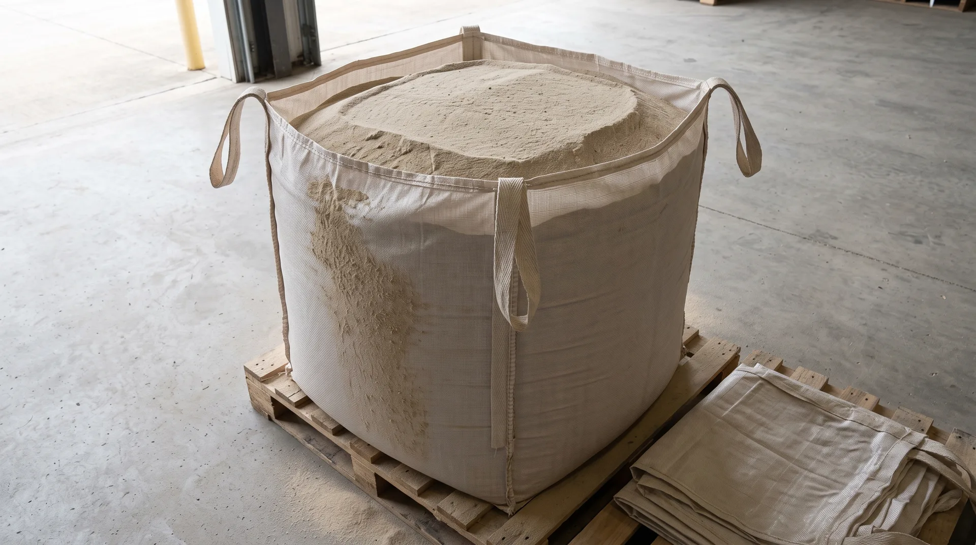 A filled woven bulk bag on a pallet with its top folded open, pale sandy material heaped just proud of the rim and dusted down one side.