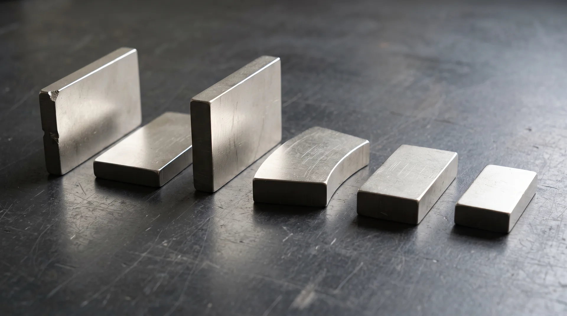 Six bare metal magnet blocks in three sizes laid out in a loose row on a dark bench, two standing on edge and the rest lying flat.