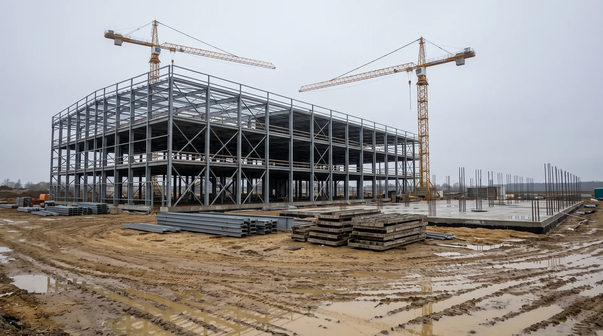 A bare steel frame standing to full height with no cladding, two tower cranes above it and stacked steel sections on graded ground below.