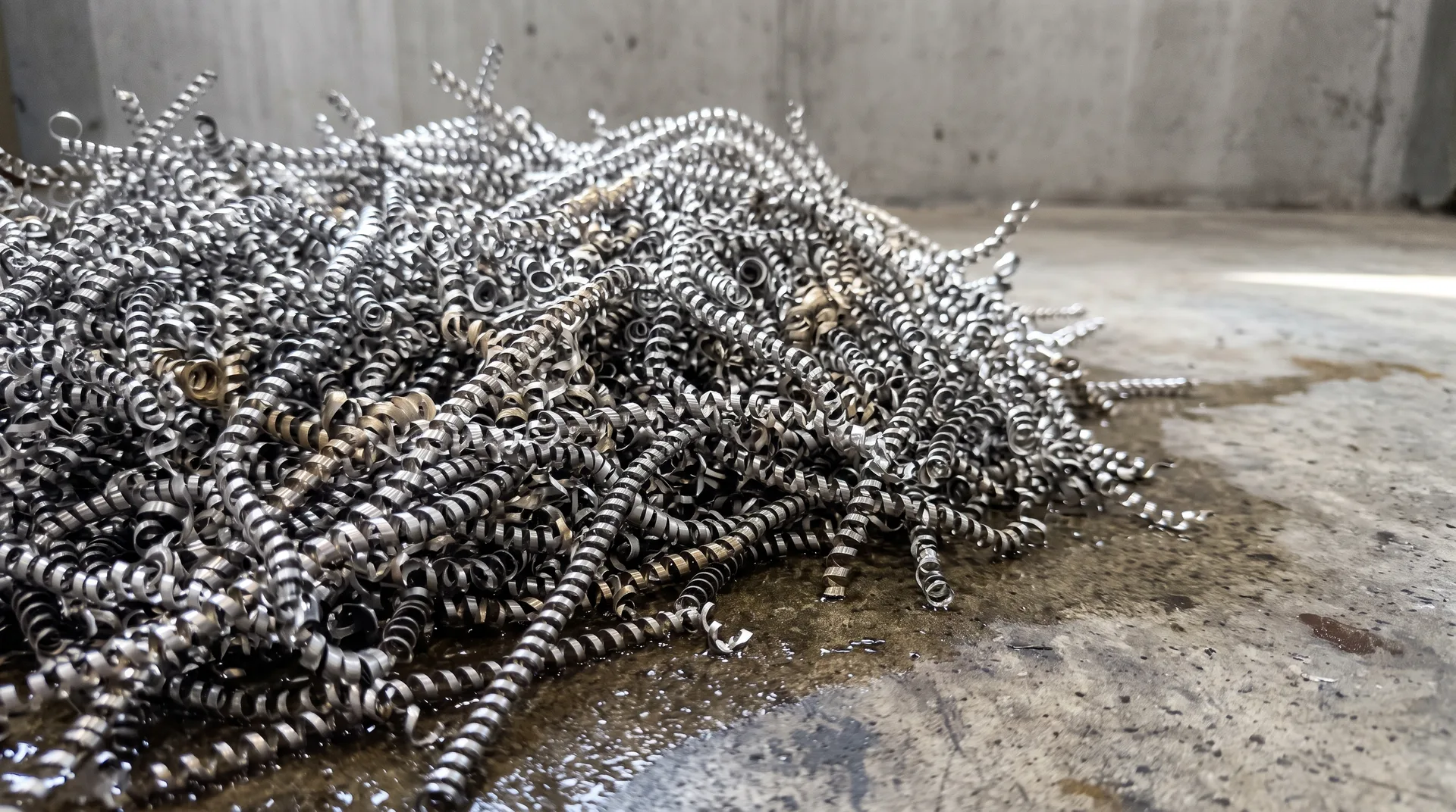A loose heap of tightly coiled bright metal turnings tangled on a stained concrete floor, some straw-coloured from heat and some clean silver.