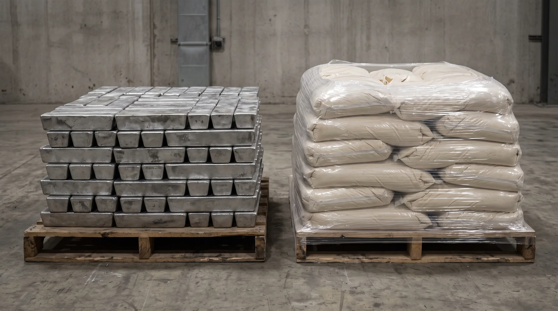 Stacked metal ingots on one pallet beside sealed sacks of pale powder slumped on another, standing together in a bare warehouse bay.