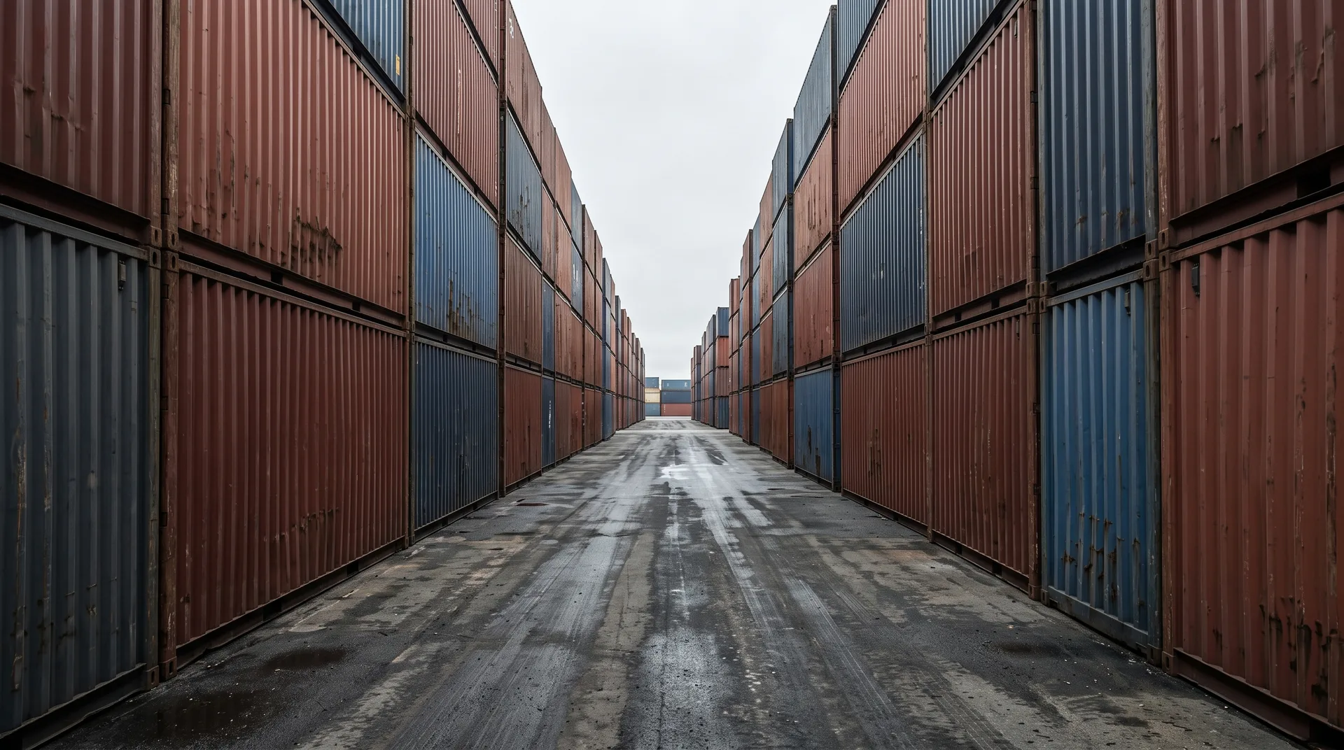 Shipping containers stacked four and five high in long rows on both sides of an empty lane, their weathered flanks receding in perspective.