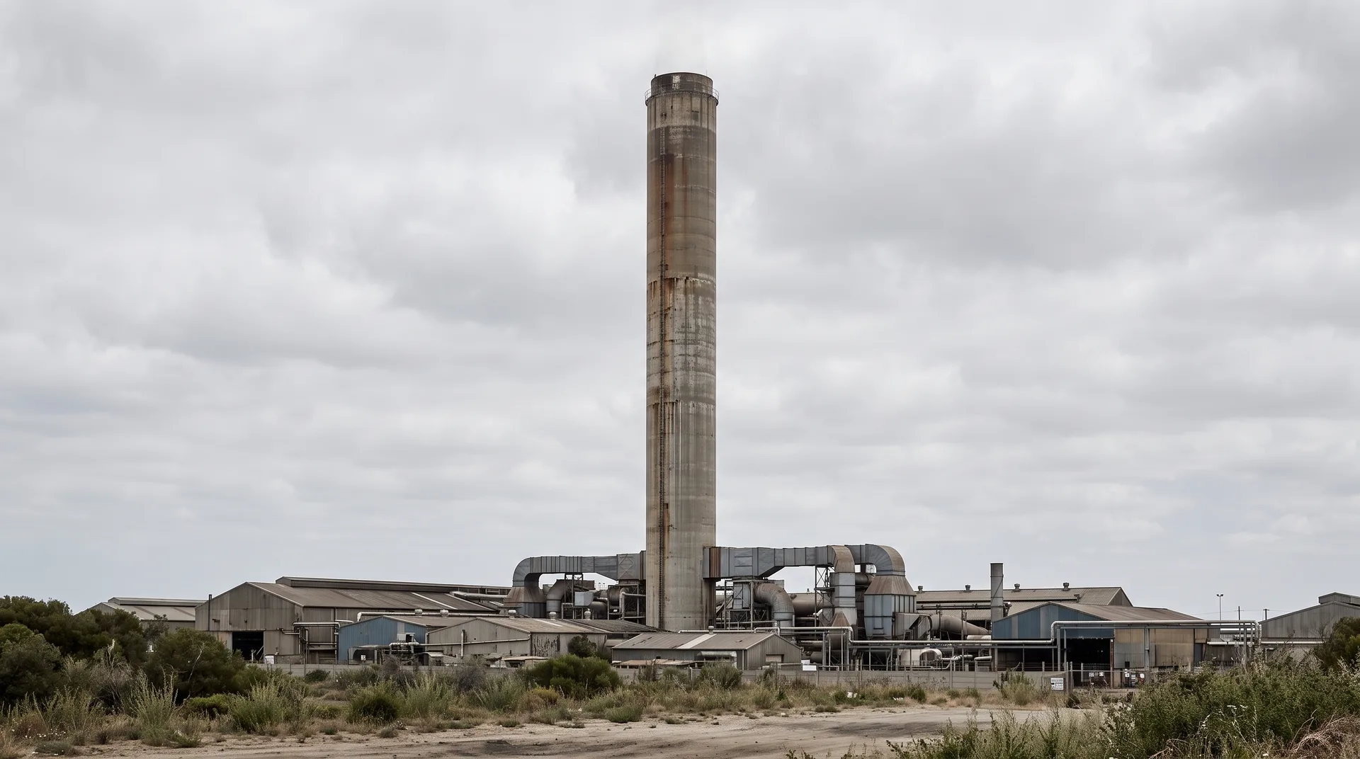A tall plain concrete stack rising against grey cloud above the low sheds of a works, faint heat shimmer above its rim and no plume.