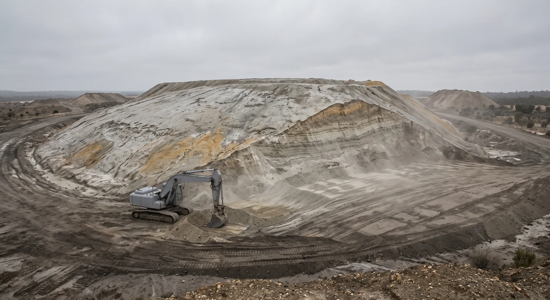 A pale flat-topped tailings pile with a fresh cut driven into one flank exposing banded layers, a tracked excavator standing at the toe.