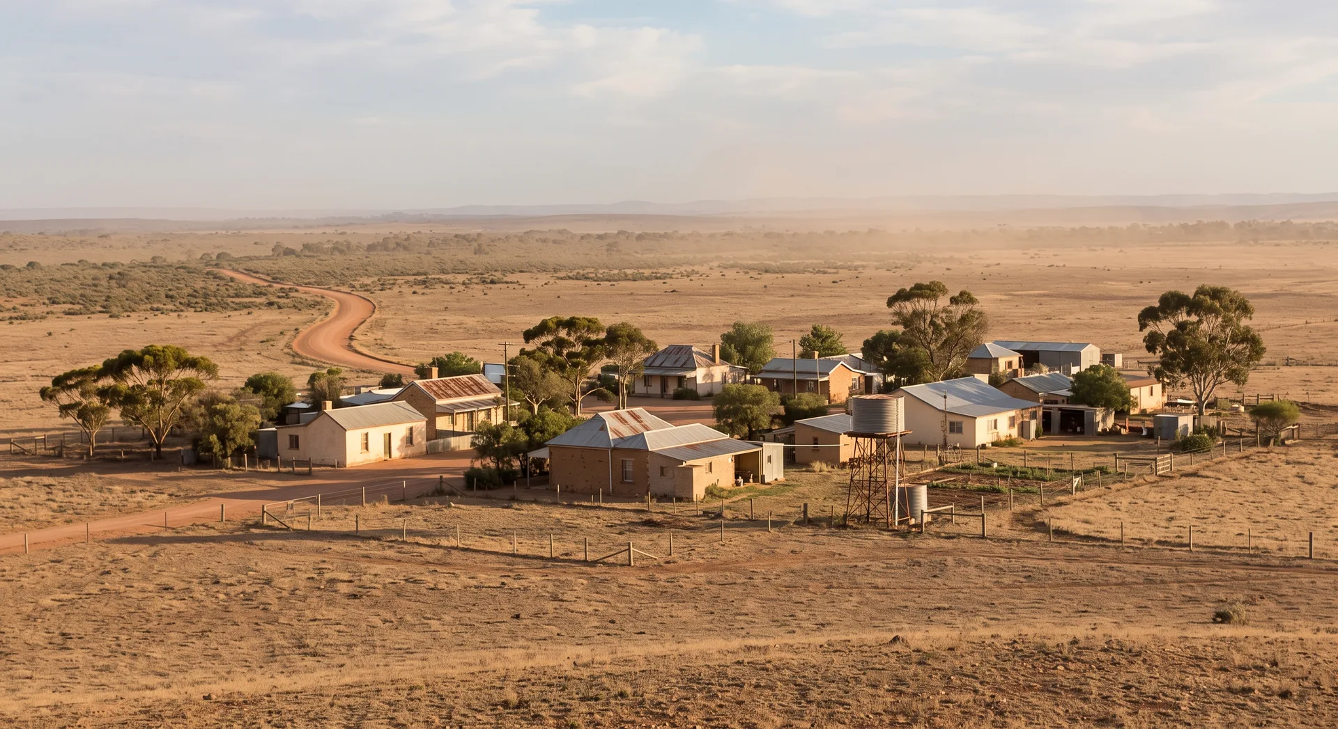 A small cluster of single-storey buildings with metal roofs among scattered trees on flat dry ground, an unsealed road running out across open country.