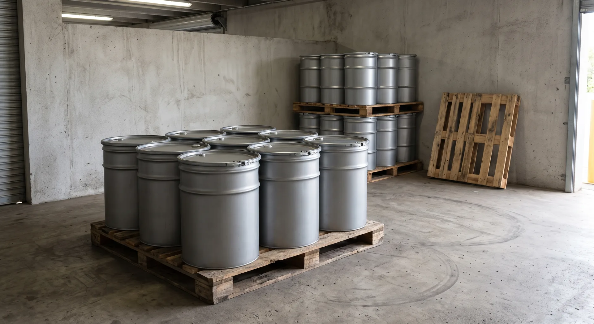 Nine plain steel drums with clamped lids standing in three rows on a pallet in a storage bay, two loaded pallets behind against a bare wall.
