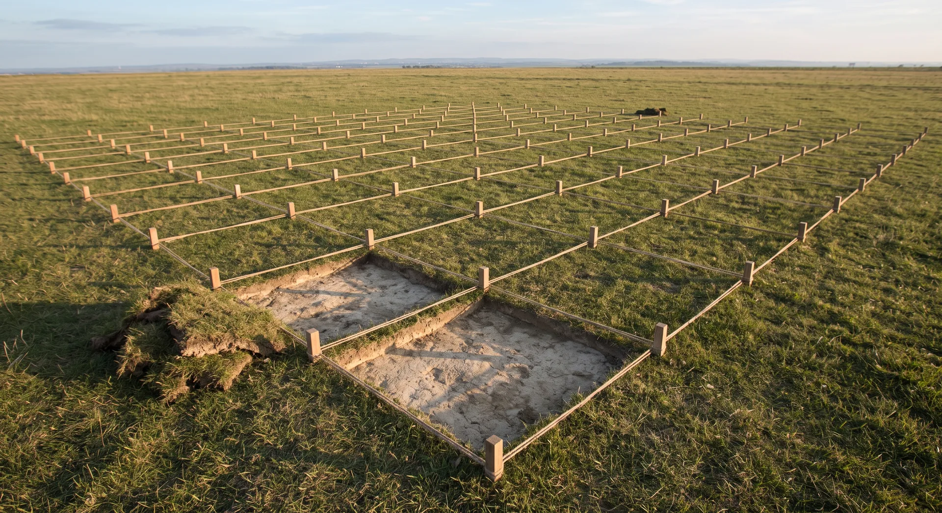A regular grid of small wooden pegs and taut string marking even squares across short grass, with two shallow scrapes opened inside separate squares.