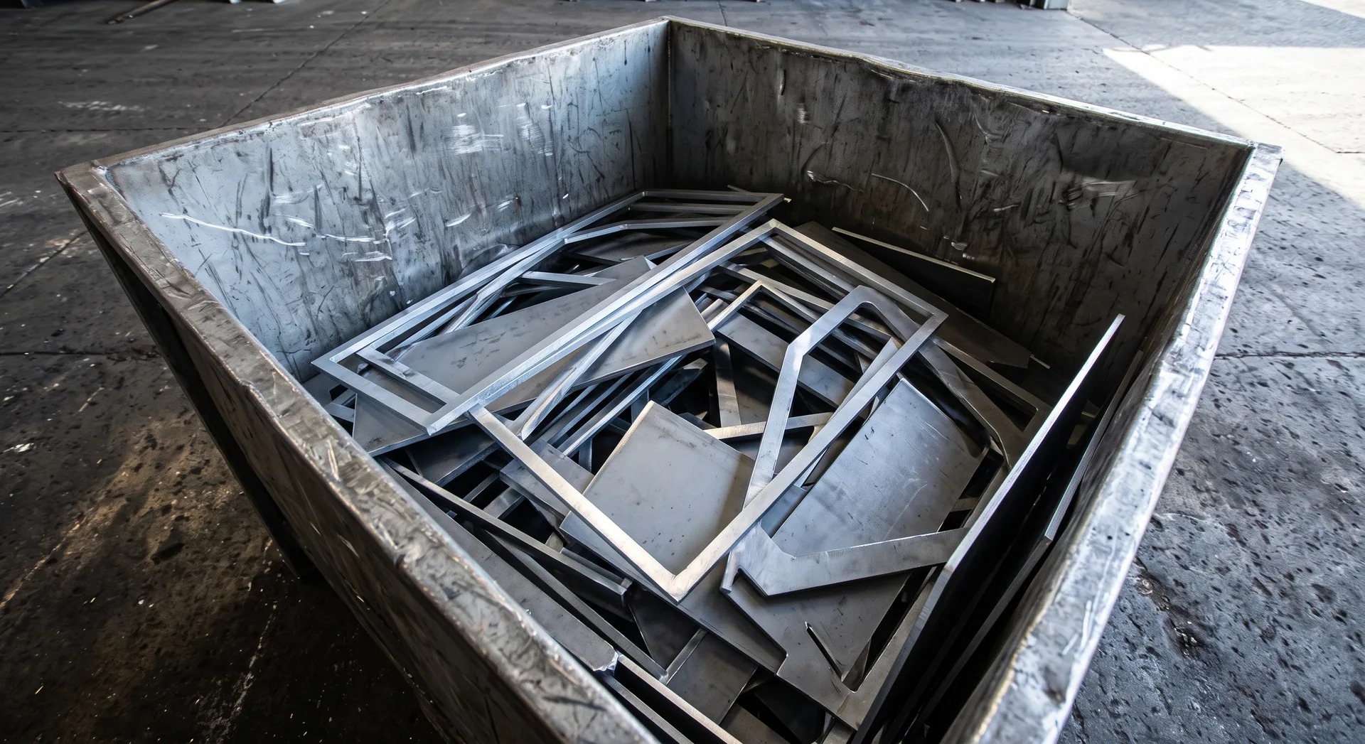 A dented steel bin part-filled with flat angular metal offcuts and skeleton frames, their cut edges bright against dull grey faces.